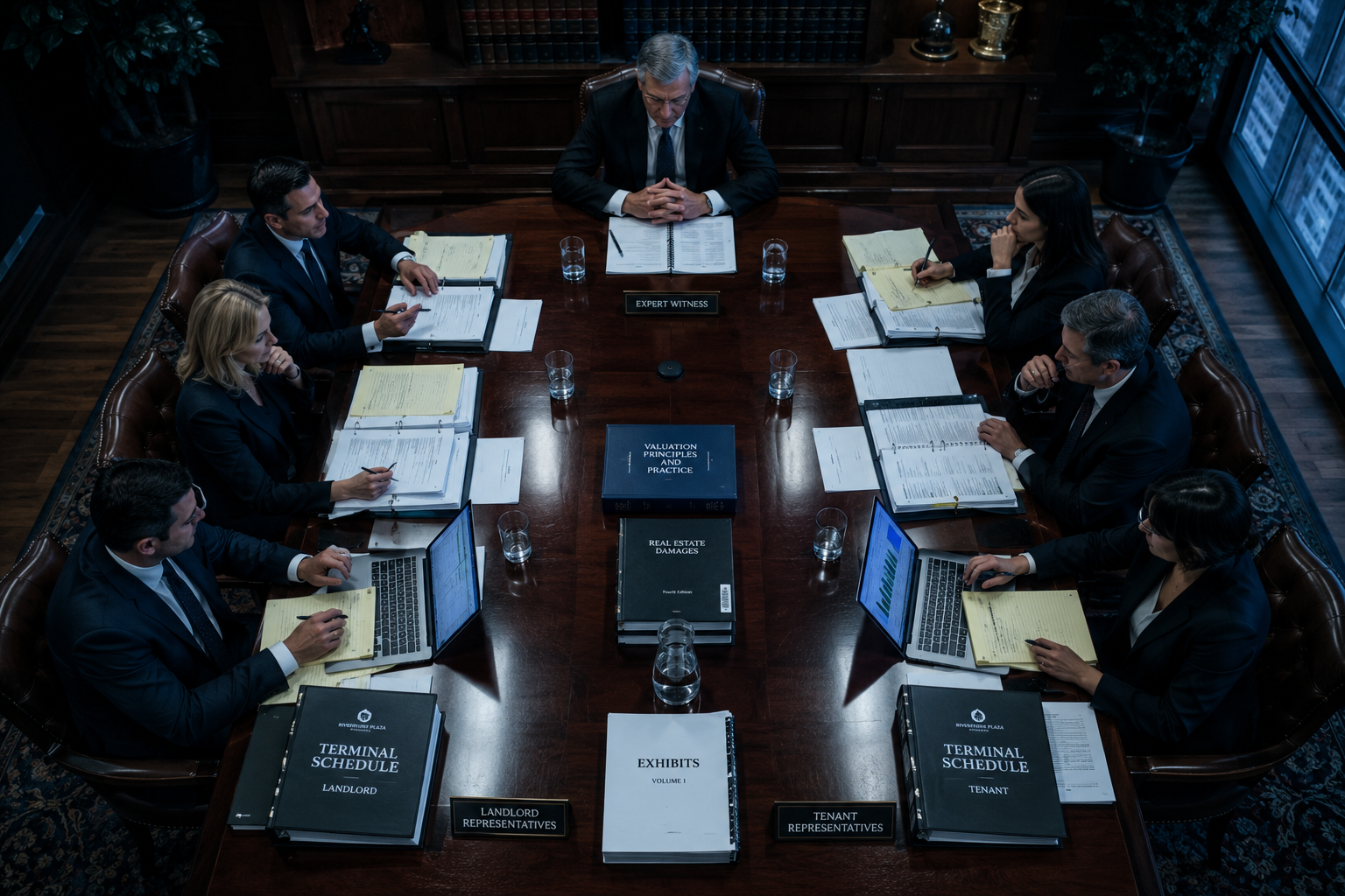 Overhead bird's-eye () of a formal negotiation table with two opposing teams of suited professionals β landlord and tenant
