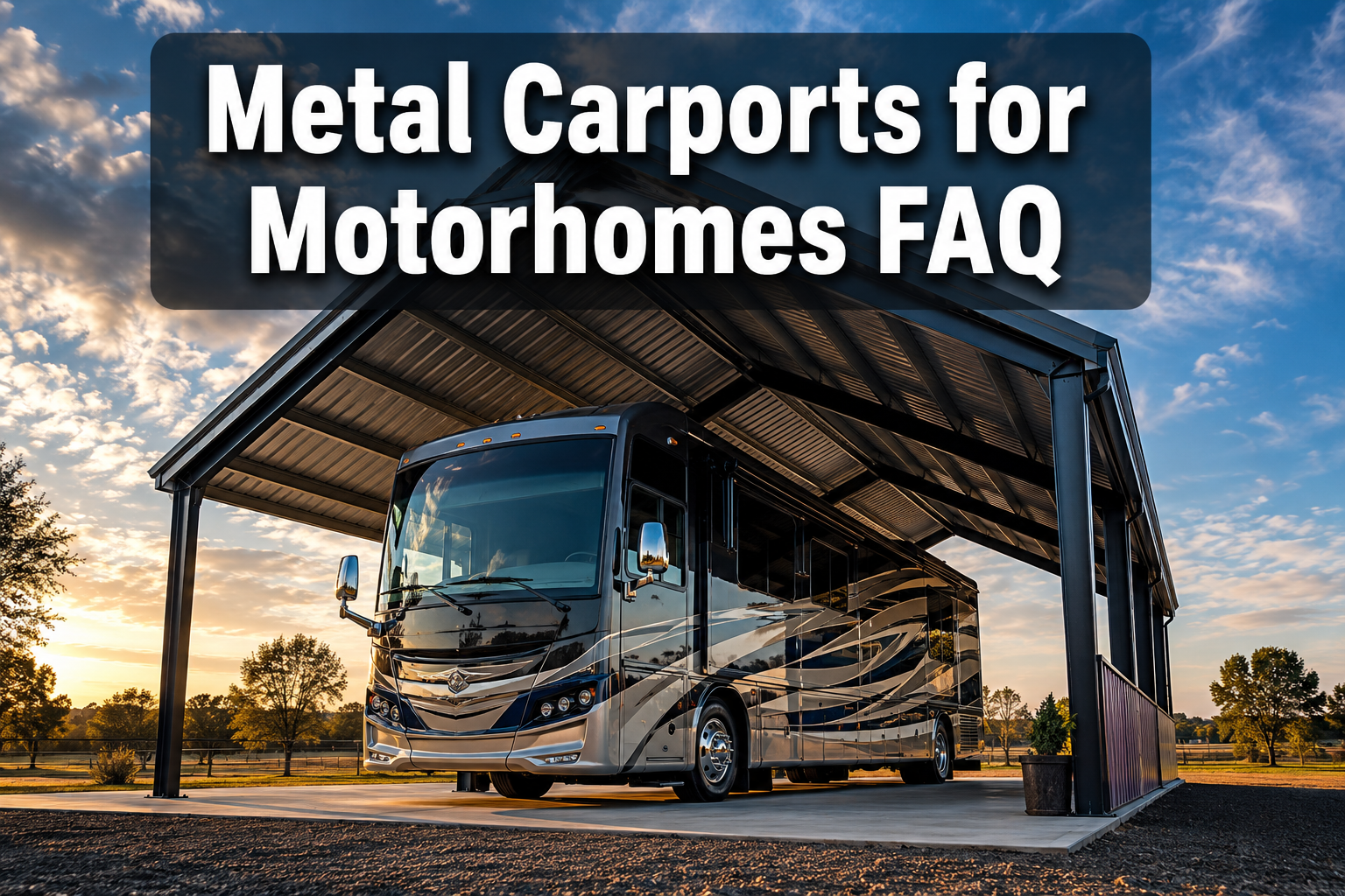 Professional () hero image with : 'Metal Carports for Motorhomes FAQ' in extra large white with dark drop , centered in
