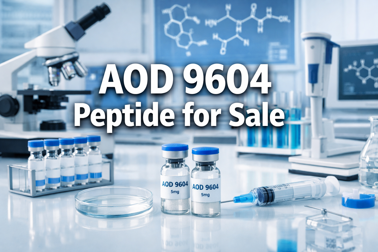 Professional landscape laboratory image (1536x1024) with bold text overlay 'AOD 9604 Peptide for Sale' in 70pt white sans-serif font with da