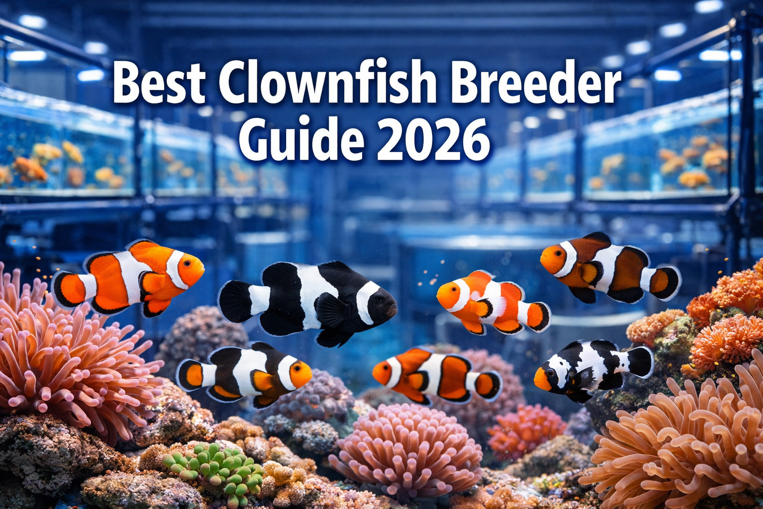 Professional landscape hero image (1536x1024) featuring bold text overlay 'Best Clownfish Breeder Guide 2026' in extra large 72pt white sans