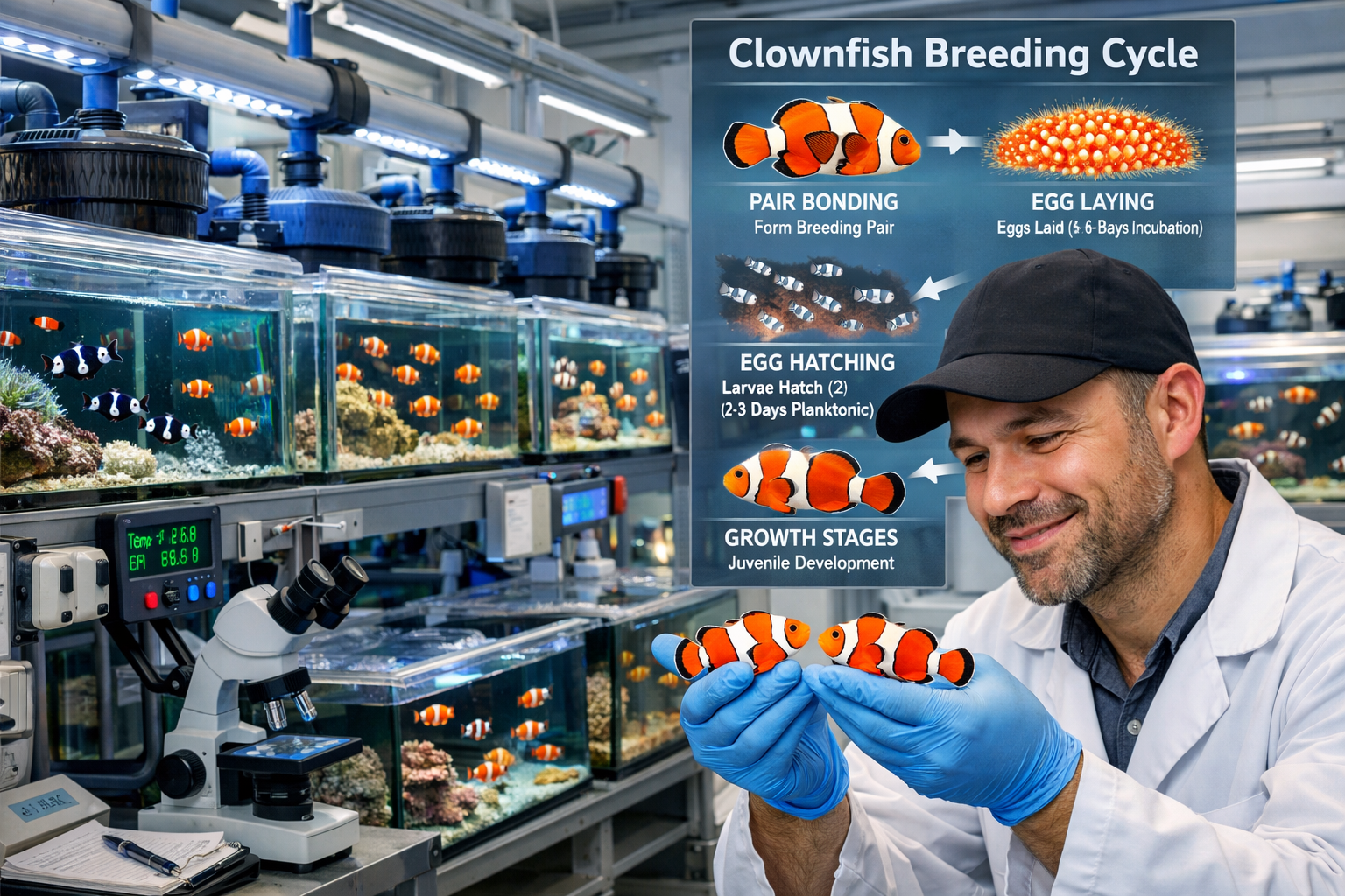 Detailed aquaculture facility interior showing professional clownfish breeding setup with multiple glass tanks containing different clownfis