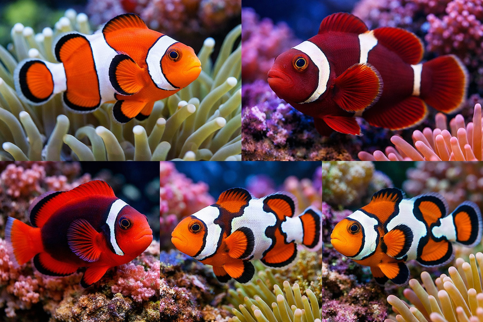 Close-up macro photography of various clownfish morphs and species in pristine aquarium environment, showing ocellaris, percula, maroon, tom
