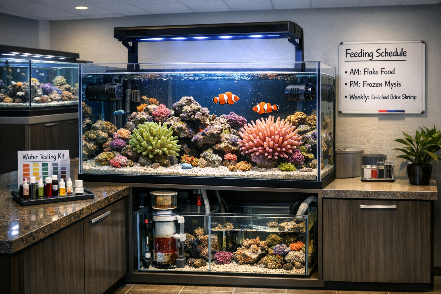 Professional aquarium setup demonstration showing ideal clownfish habitat with proper tank dimensions, filtration equipment, protein skimmer