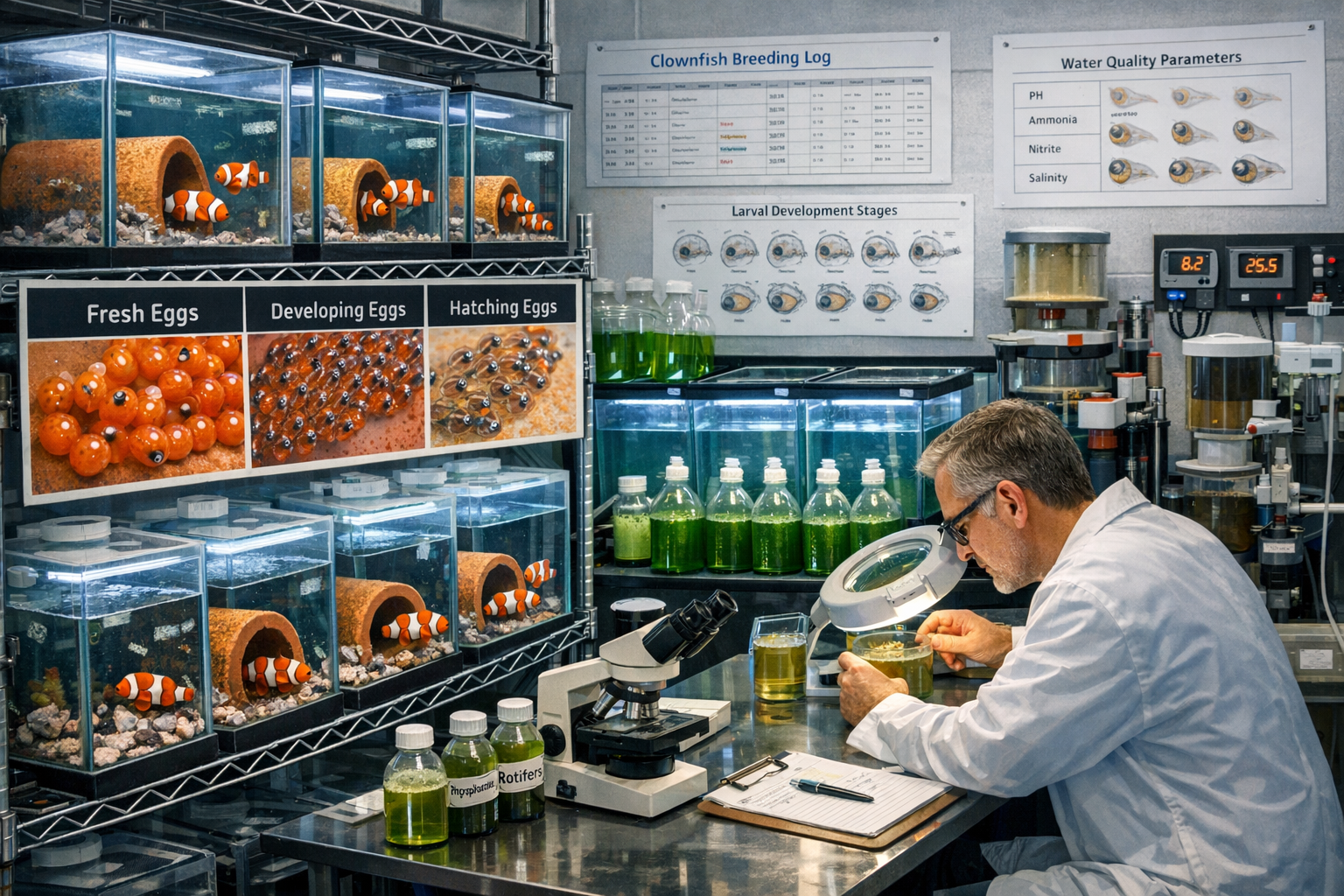 Advanced clownfish breeding facility showing spawning setup with breeding pairs, egg development stages on tiles, larval rearing tanks with