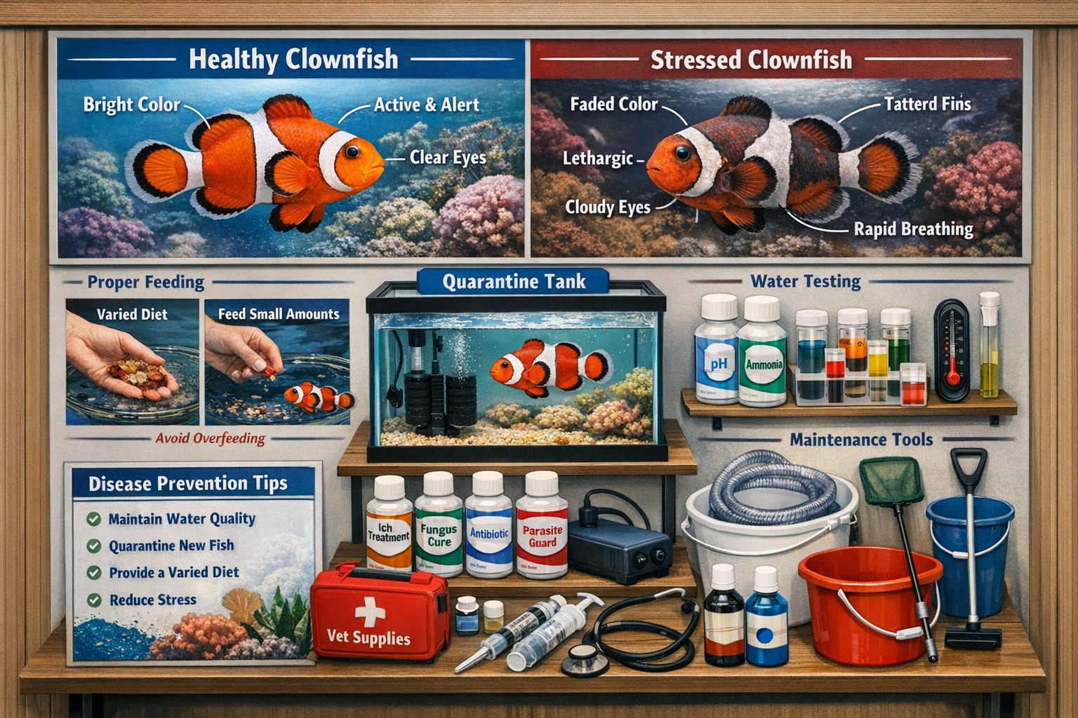 Interactive comparison display showing healthy vs stressed clownfish with visual indicators, proper feeding techniques demonstration, quaran