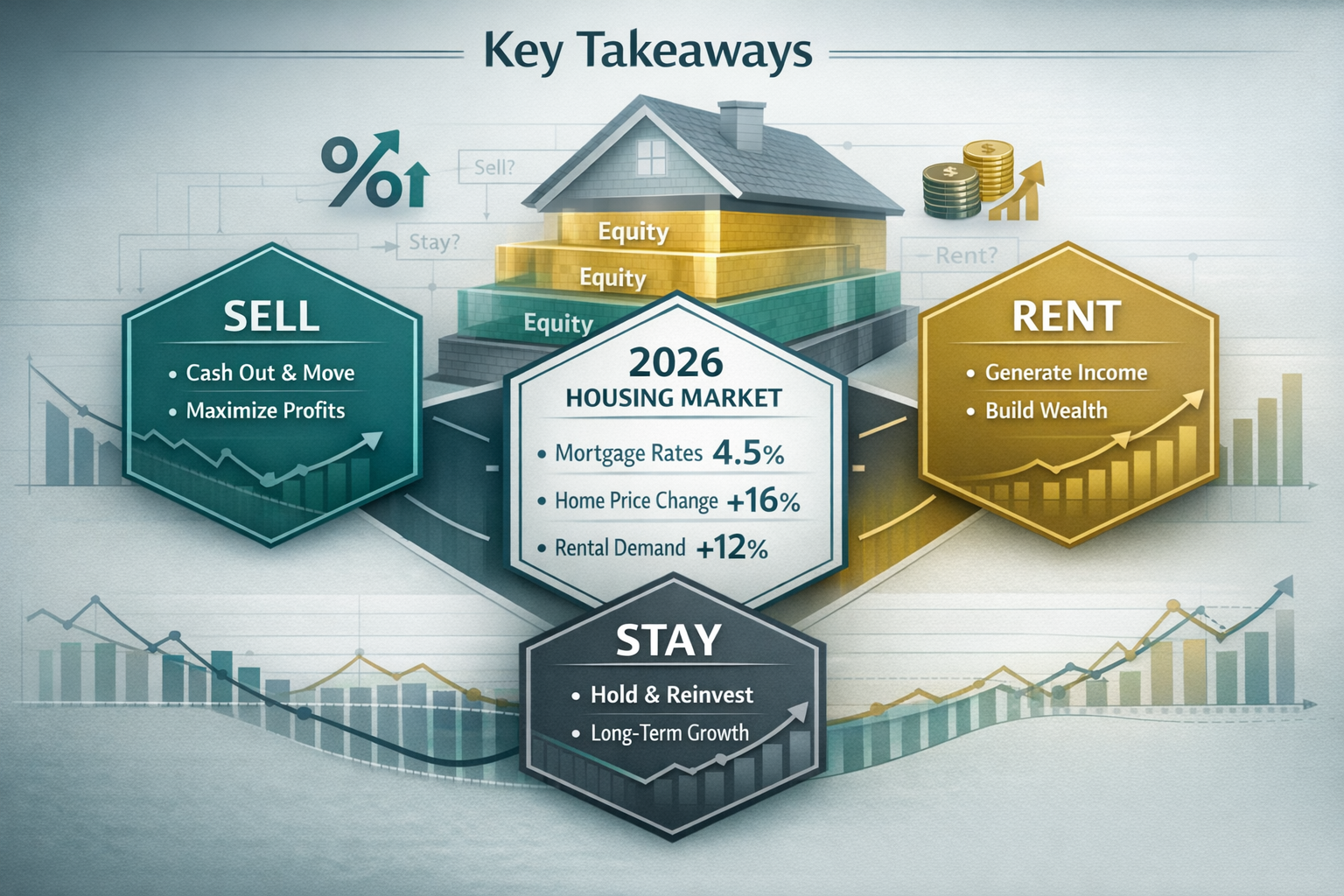 Infographic-style visual for 'Key Takeaways' section with three interconnected hexagonal zones representing Sell, Stay, and
