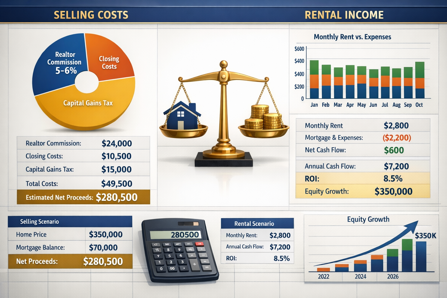 () detailed financial comparison dashboard showing side-by-side analysis of selling versus renting scenarios. Left panel