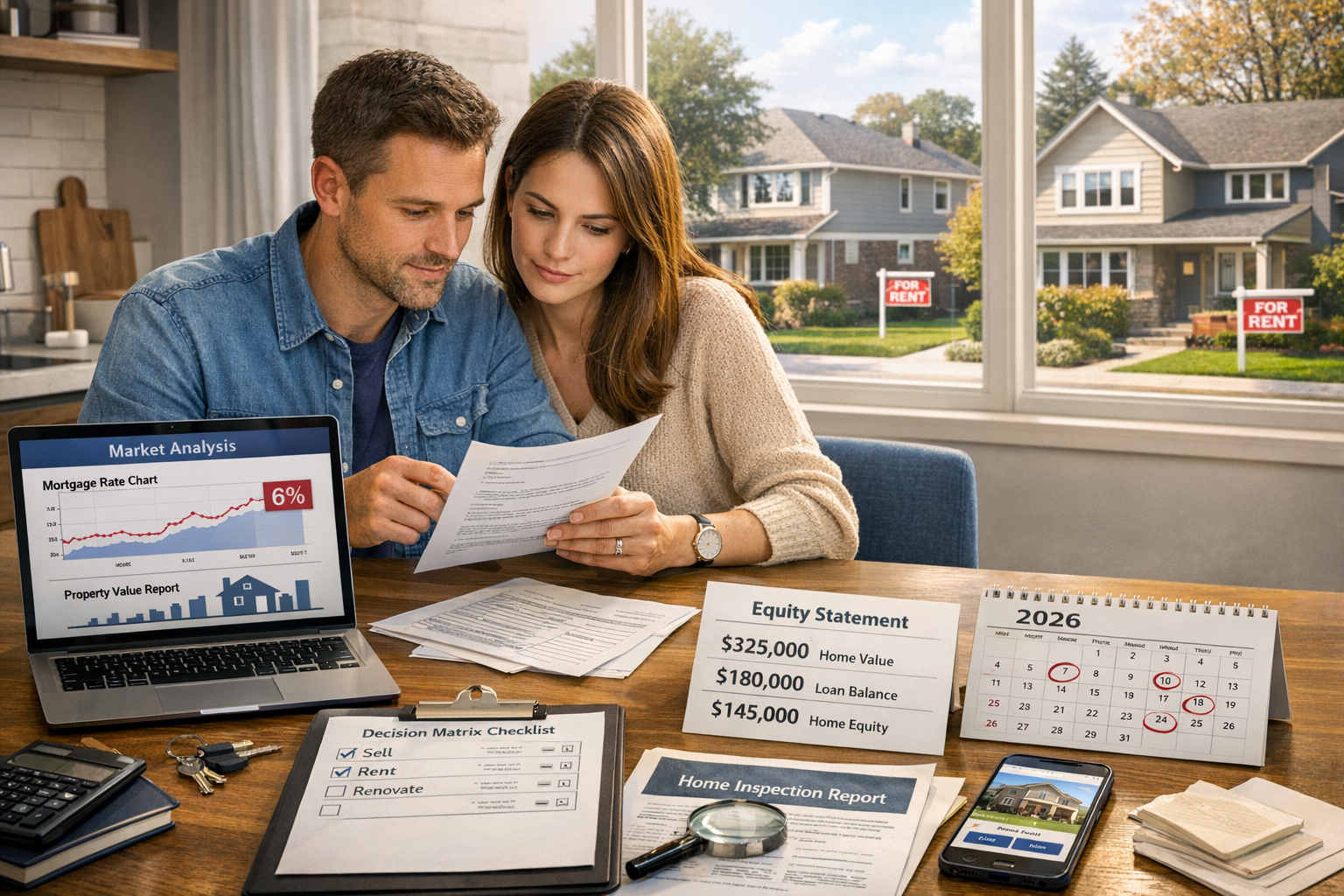() conceptual illustration depicting decision-making framework for homeowners. Foreground shows professional couple
