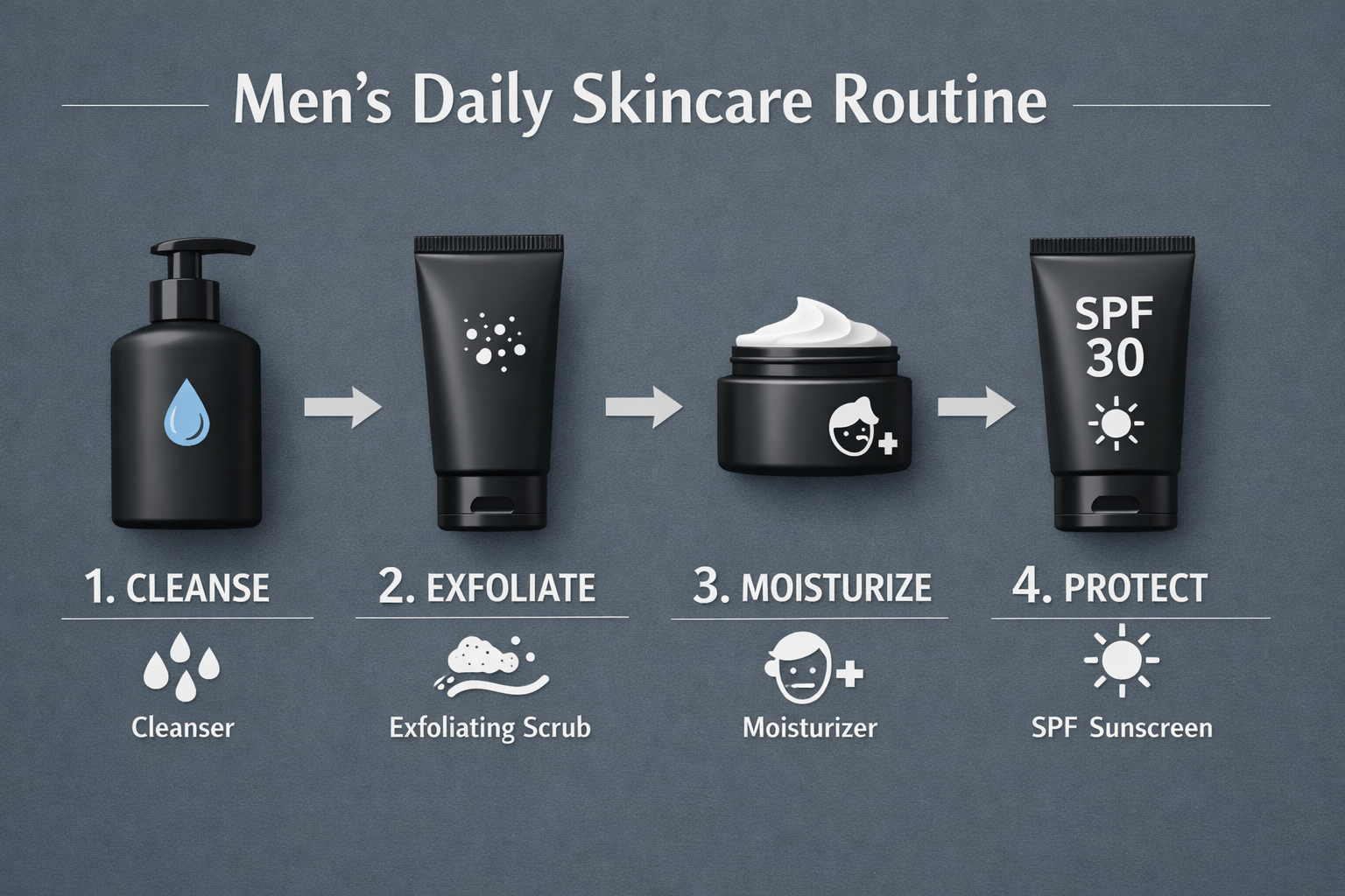 Clean flat-lay infographic showing a 4-step men's daily skincare routine: cleanser bottle, exfoliating scrub, moisturizer,