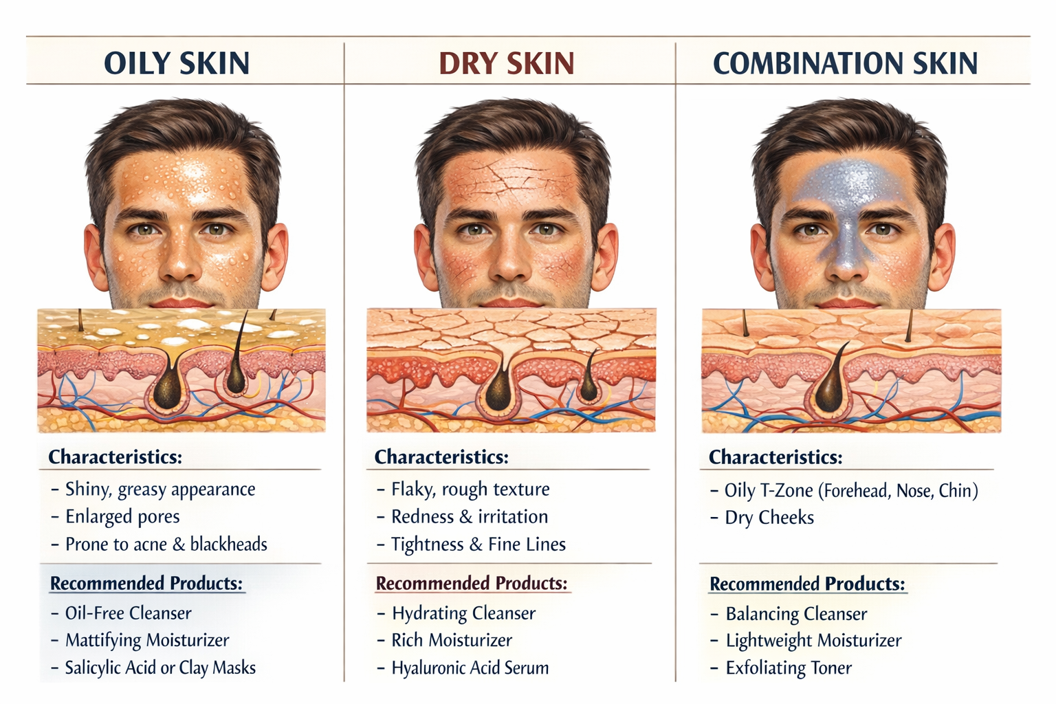 Split-panel visual guide comparing oily vs dry vs combination skin types in men: close-up skin texture illustrations with