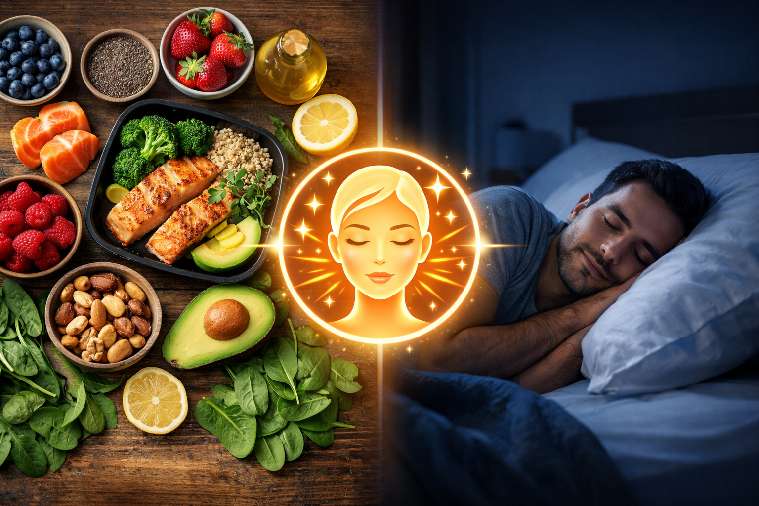Lifestyle composite image: healthy meal prep with salmon, berries, leafy greens and nuts on one side; man sleeping
