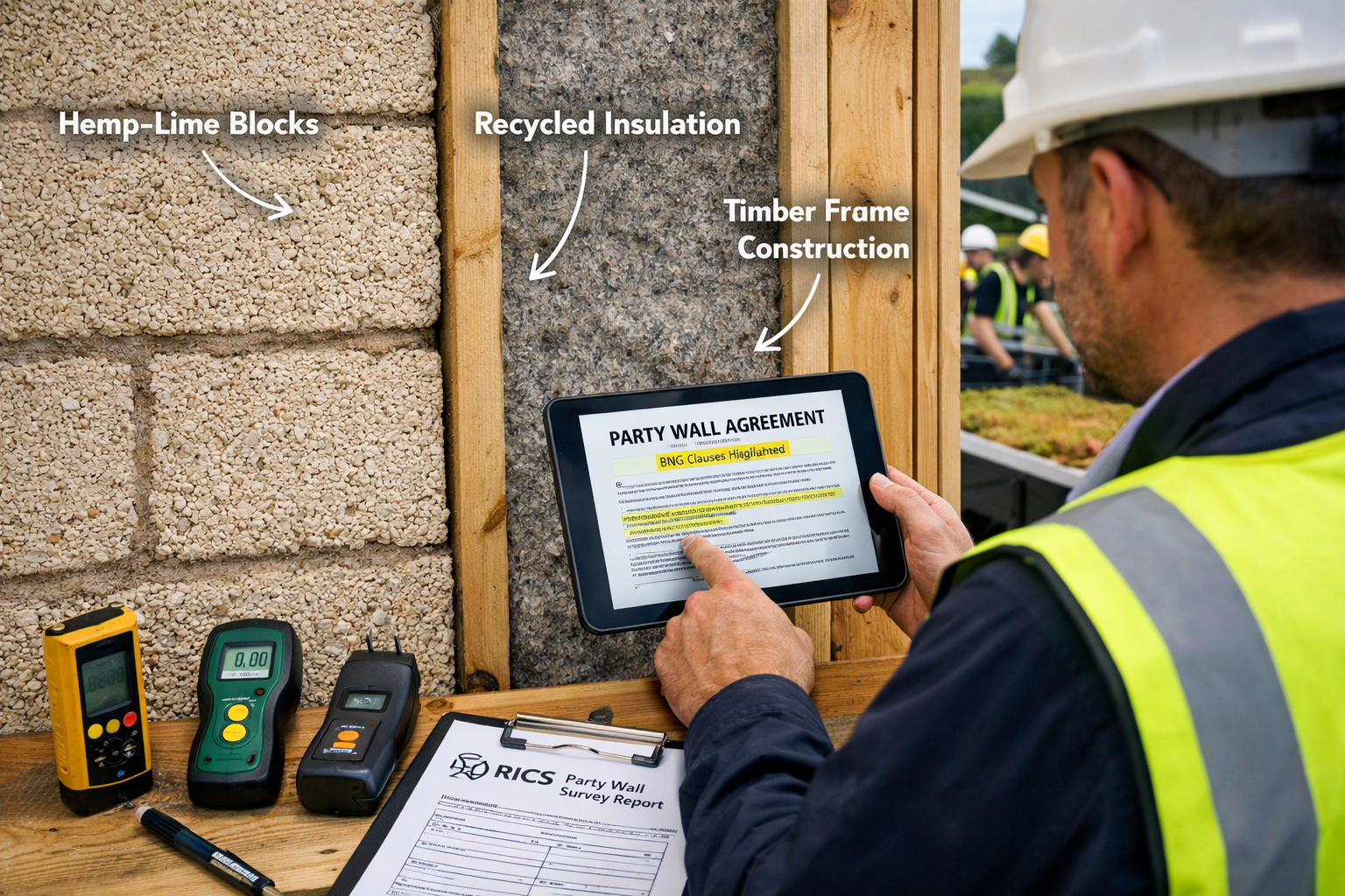Detailed () image showing professional party wall surveyor in high-visibility vest and hard hat conducting inspection at