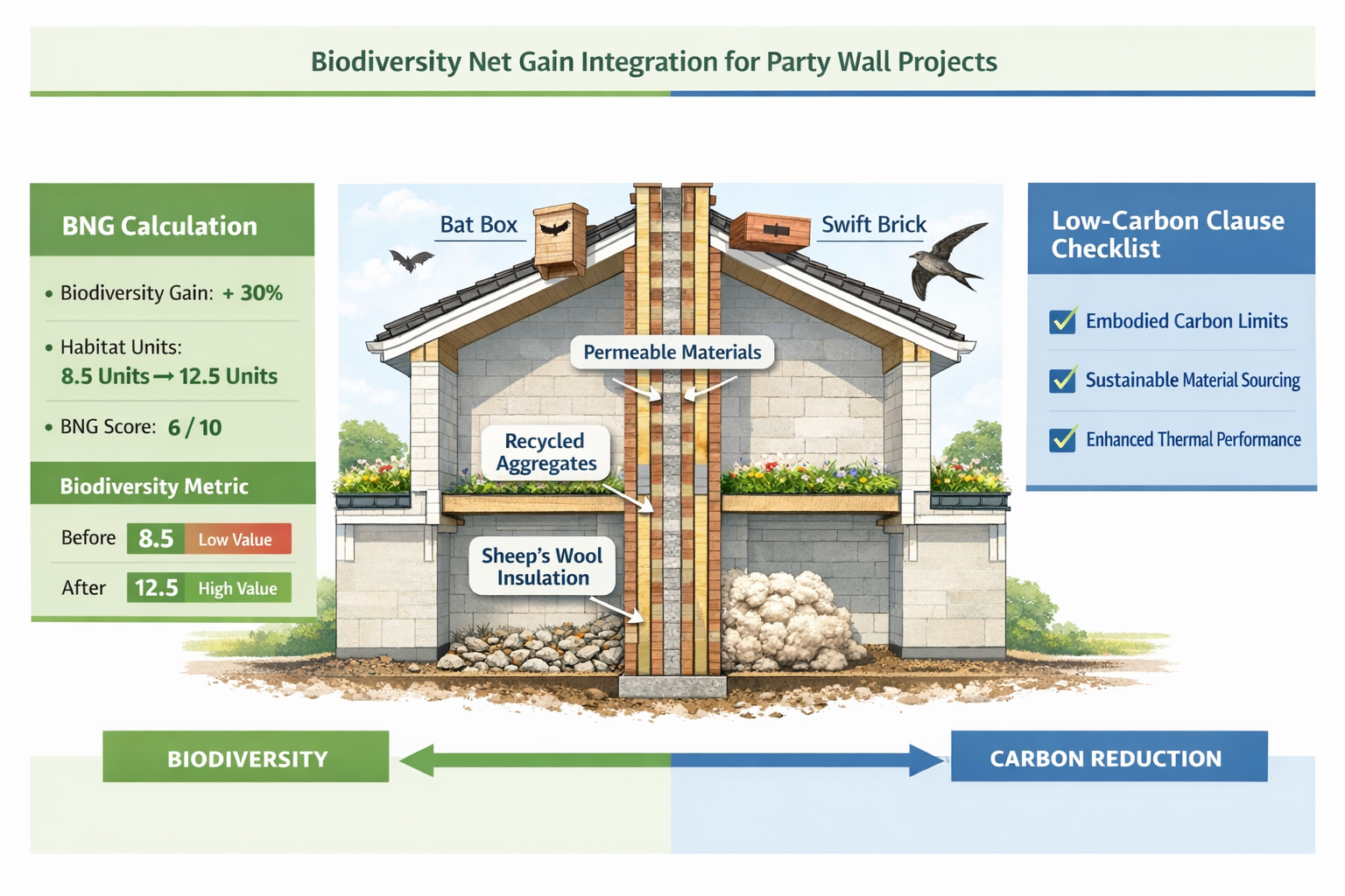 Detailed () infographic-style image displaying biodiversity net gain integration flowchart for party wall projects. Central