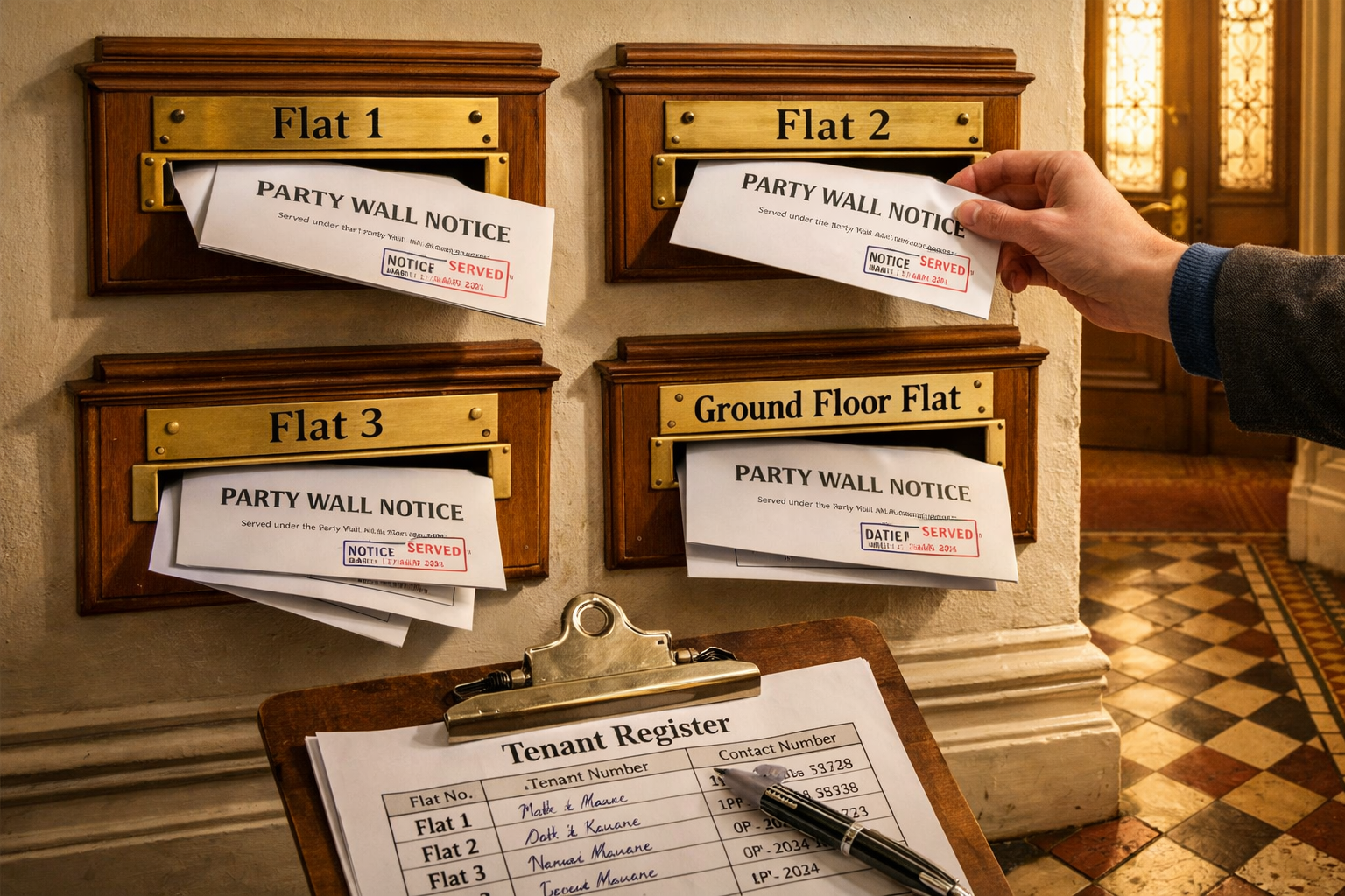 Detailed () image showing close-up of official Party Wall Notice documents being served to multiple letterboxes in a