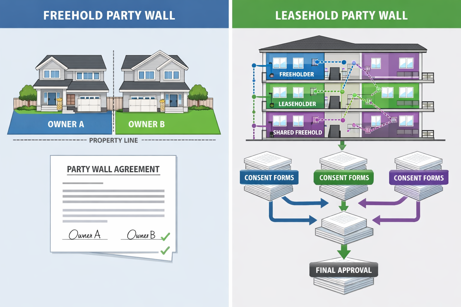 Detailed () image depicting split-screen comparison of freehold versus leasehold party wall procedures, left side shows