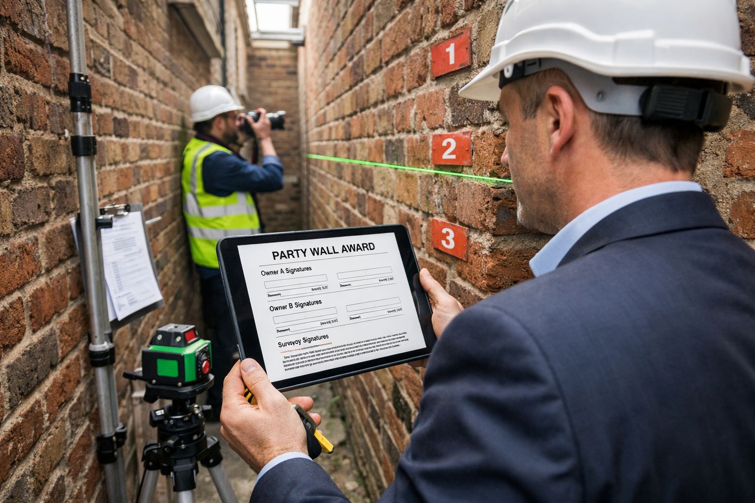 Detailed () image showing professional party wall surveyor in business attire conducting inspection in narrow space between