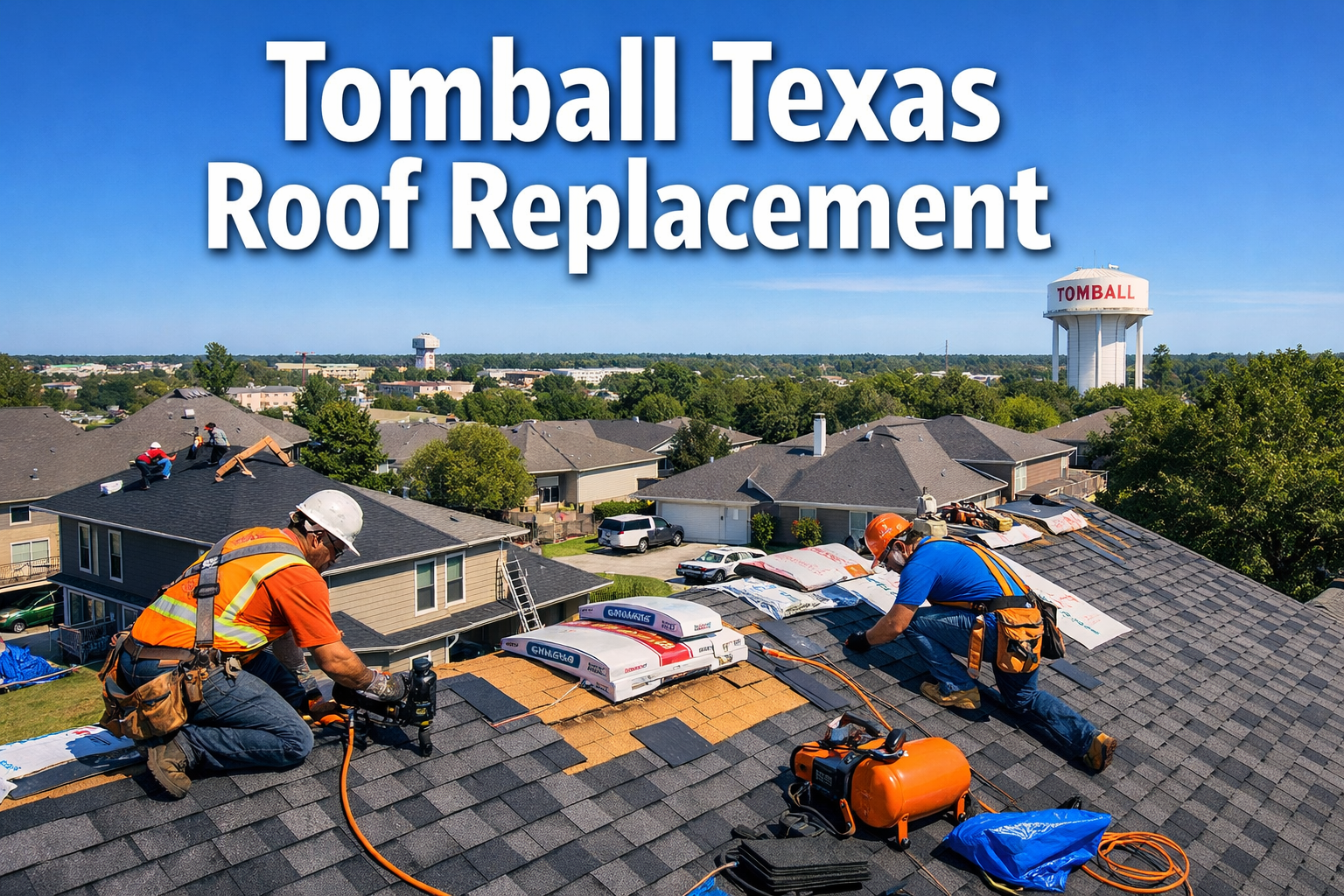 Professional landscape hero image (1536x1024) featuring bold text overlay 'Tomball Texas Roof Replacement' in extra large 72pt white sans-se