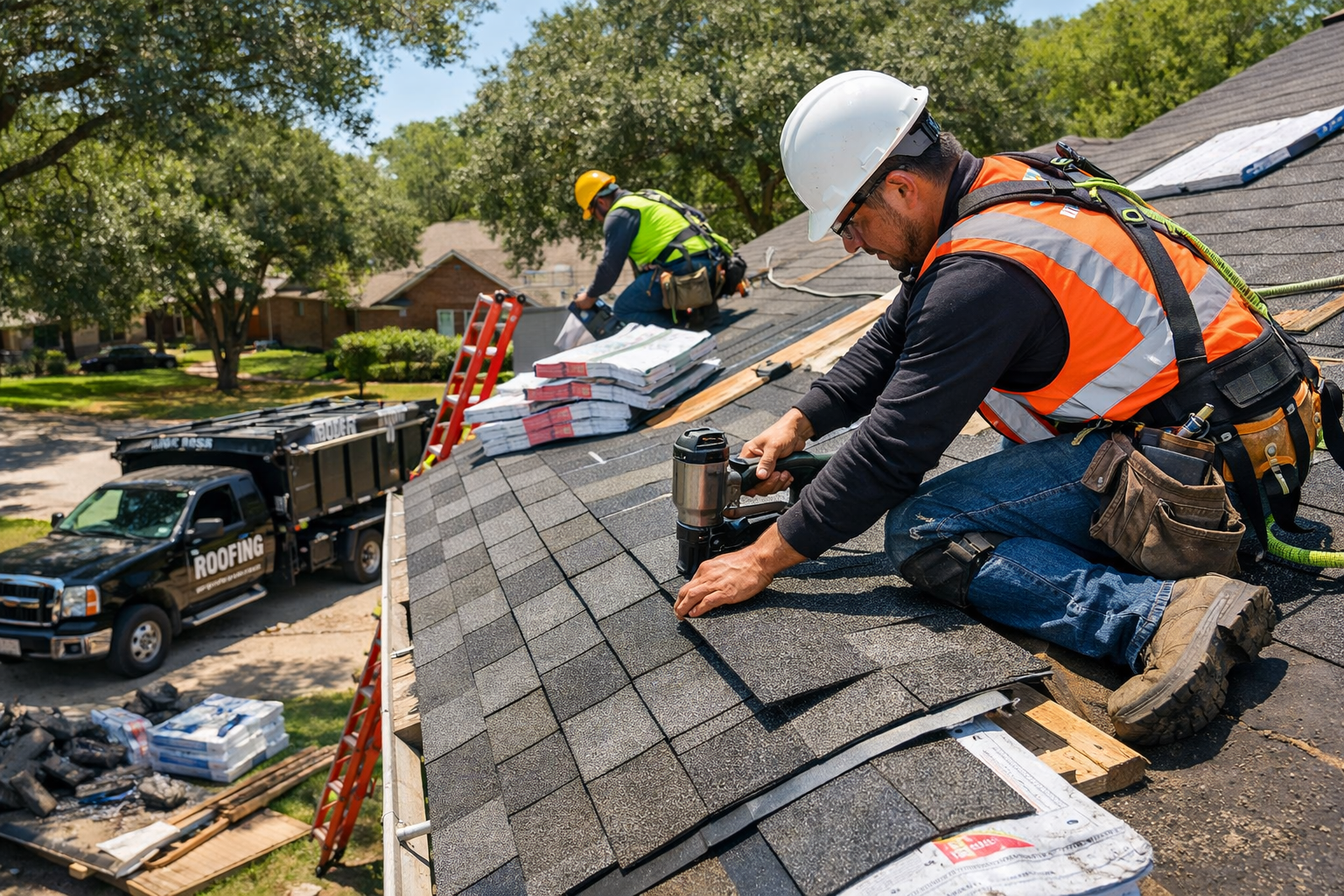 Professional roofing contractors installing composition shingles on Tomball Texas home, workers in safety gear on steep residential roof, la
