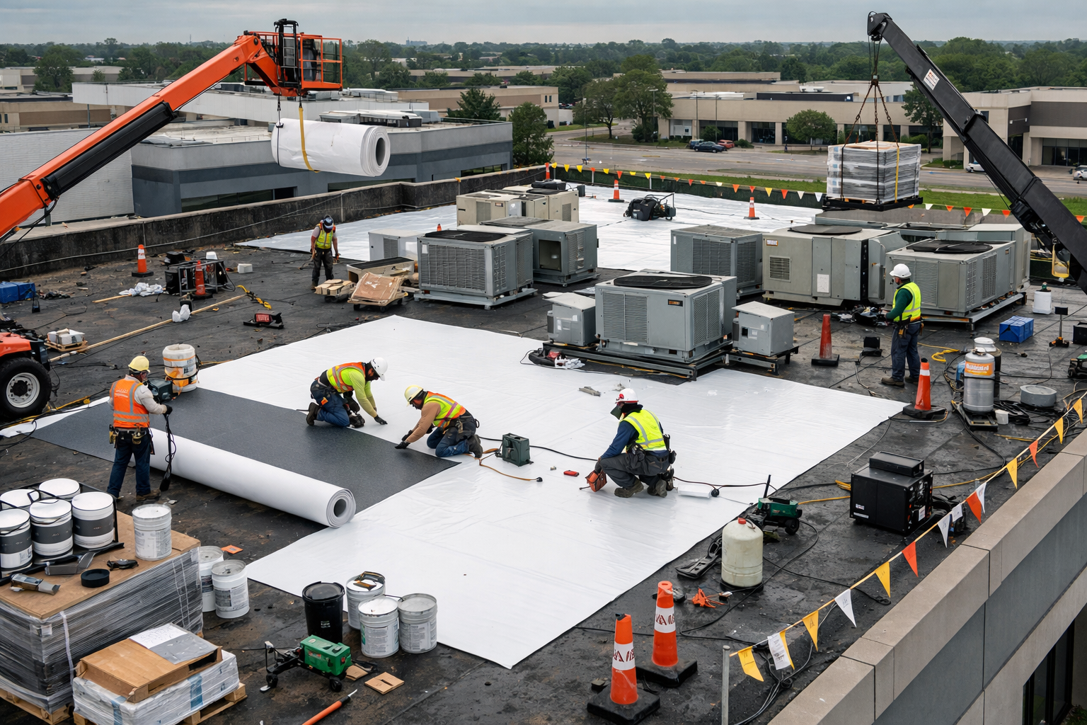 Commercial flat roof repair work in progress on Tomball business building, industrial roofing membrane installation, professional crew with 