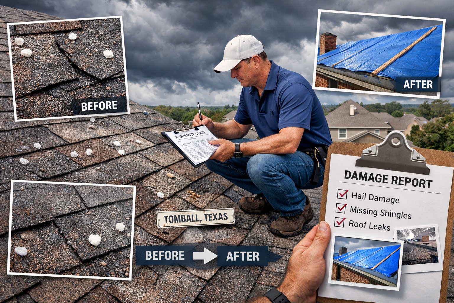 Storm damage assessment scene in Tomball Texas showing hail-damaged roof shingles, missing granules and cracked tiles, professional inspecto