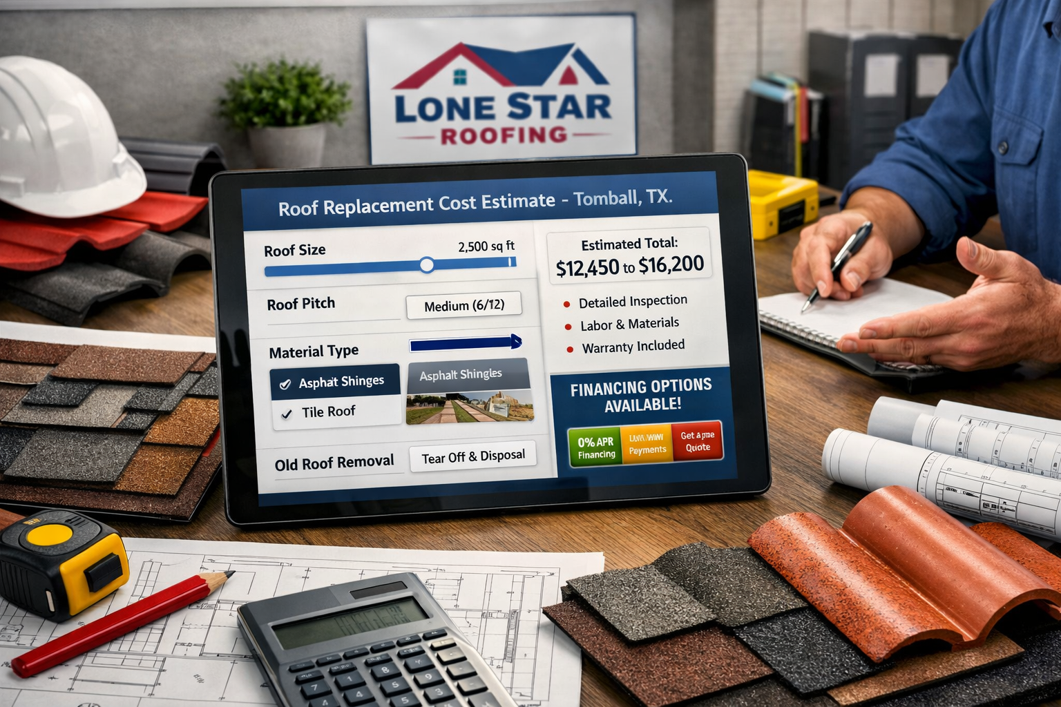 Interactive cost calculator interface showing roof replacement pricing factors for Tomball Texas homes, digital tablet or computer screen di