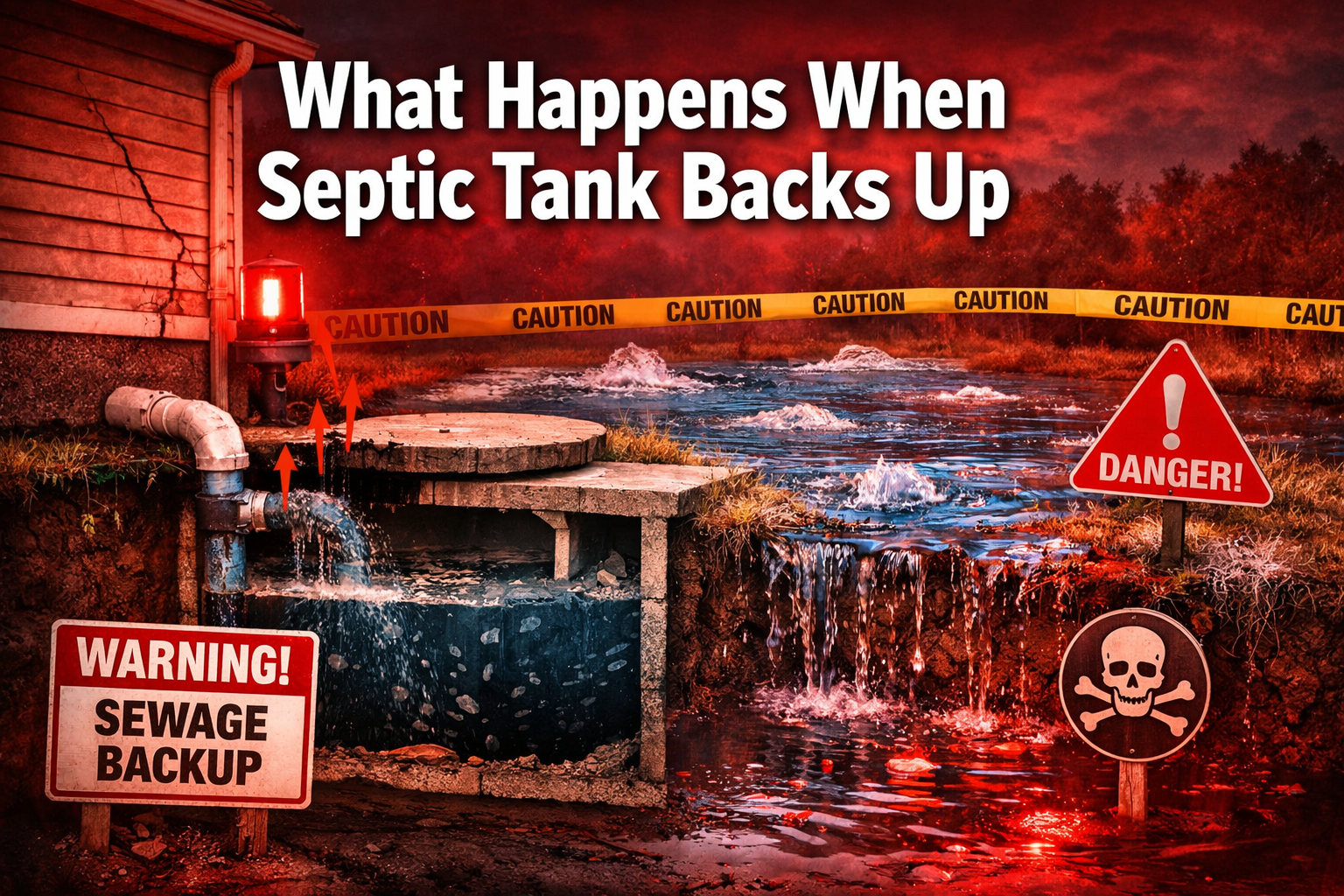 Professional landscape format (1536x1024) hero image featuring bold text overlay 'What Happens When Septic Tank Backs Up' in extra large 72p