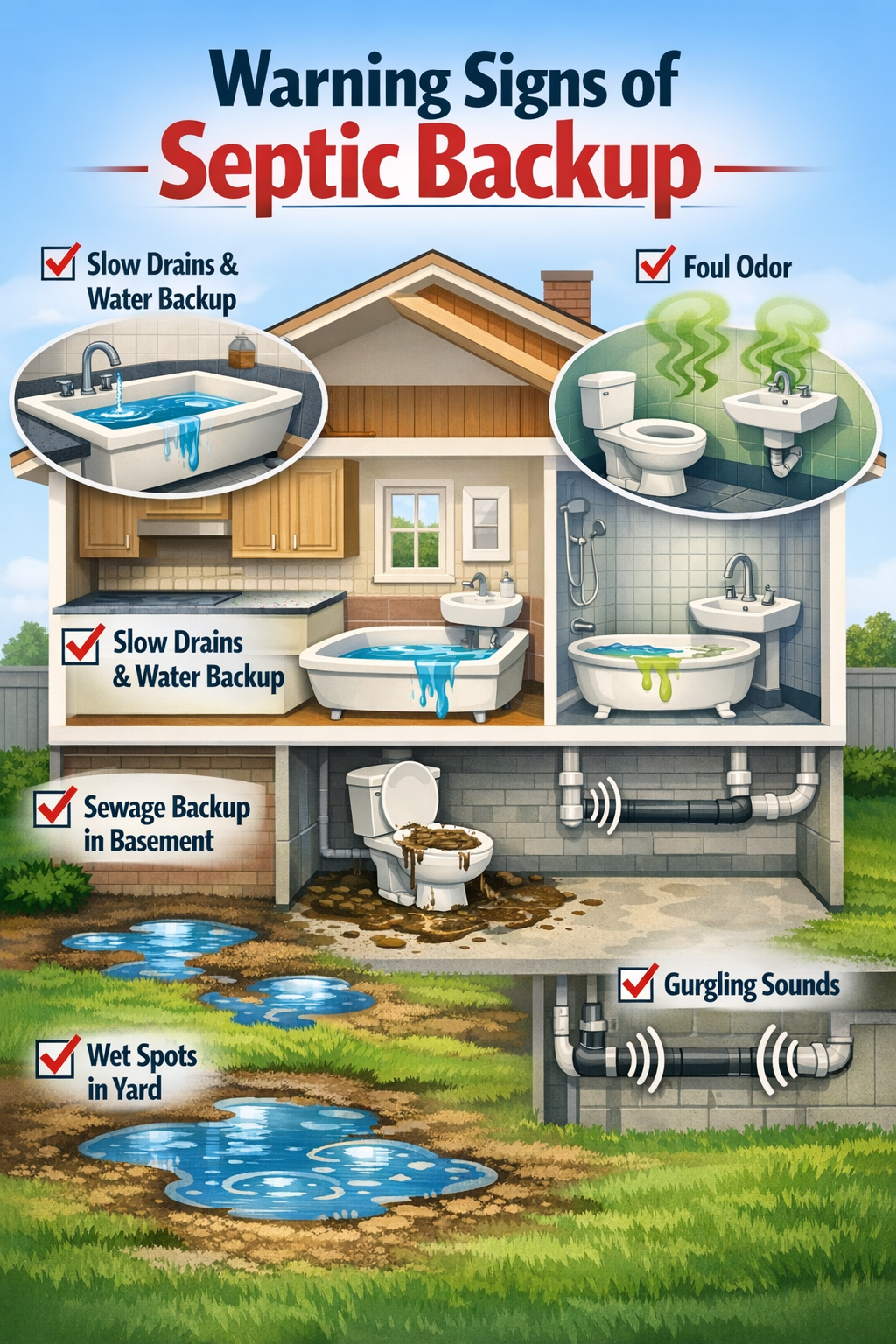 Portrait format (1024x1536) infographic showing warning signs of septic backup with house cutaway view. Visual elements include slow drains