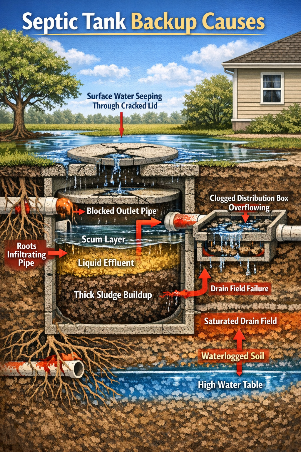 Portrait format (1024x1536) detailed cross-section diagram of septic tank backup causes. Shows underground septic tank with visible sludge b