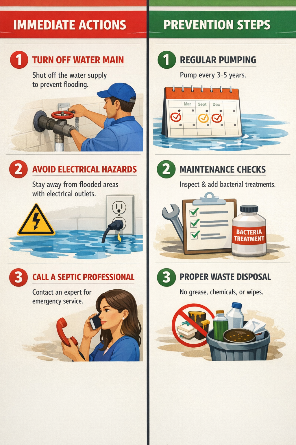 Portrait format (1024x1536) step-by-step emergency response guide with split-screen layout. Left side shows immediate actions: person turnin
