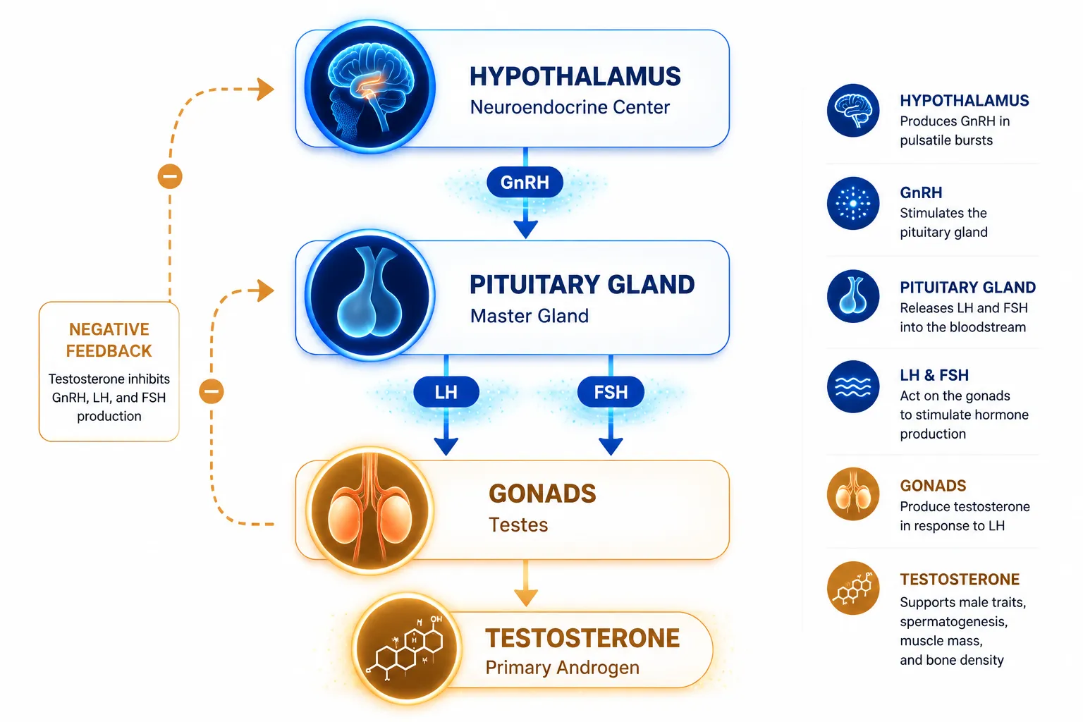 Bright editorial infographic-style landscape image () showing the hypothalamic-pituitary-gonadal axis as a clean vertical