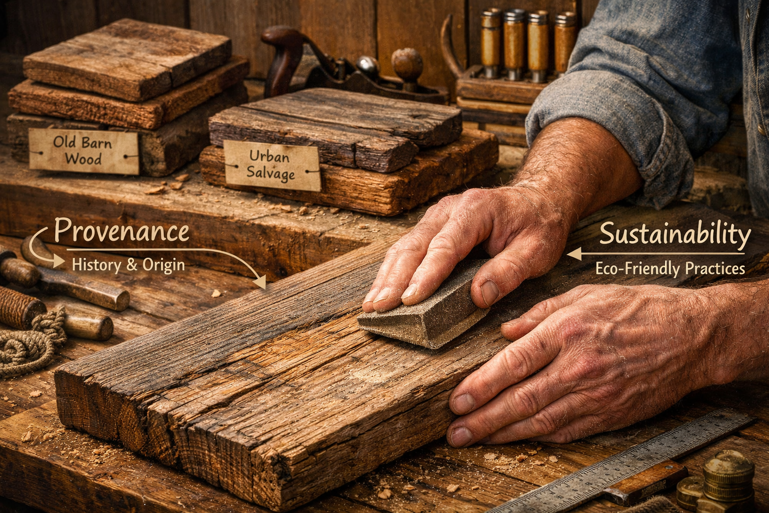A detailed landscape image (1536x1024) depicting a skilled woodworker's hands gently sanding a piece of reclaimed timber, focusing on the un