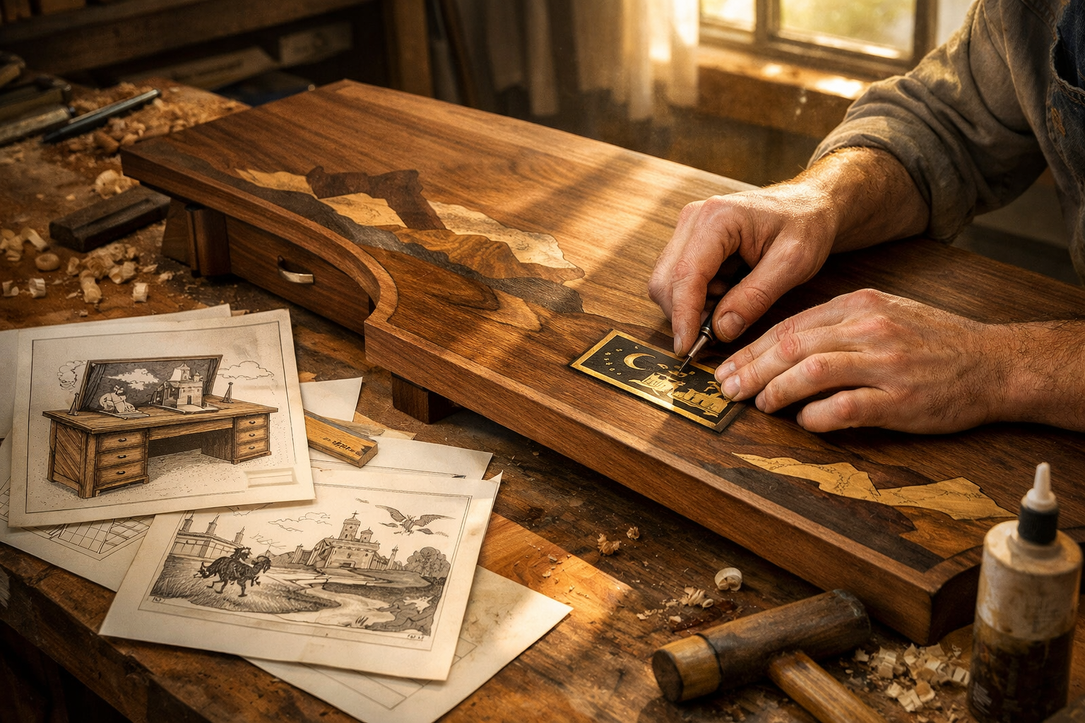A captivating landscape image (1536x1024) showcasing the meticulous crafting process of a story-driven wooden furniture piece. A woodworker 