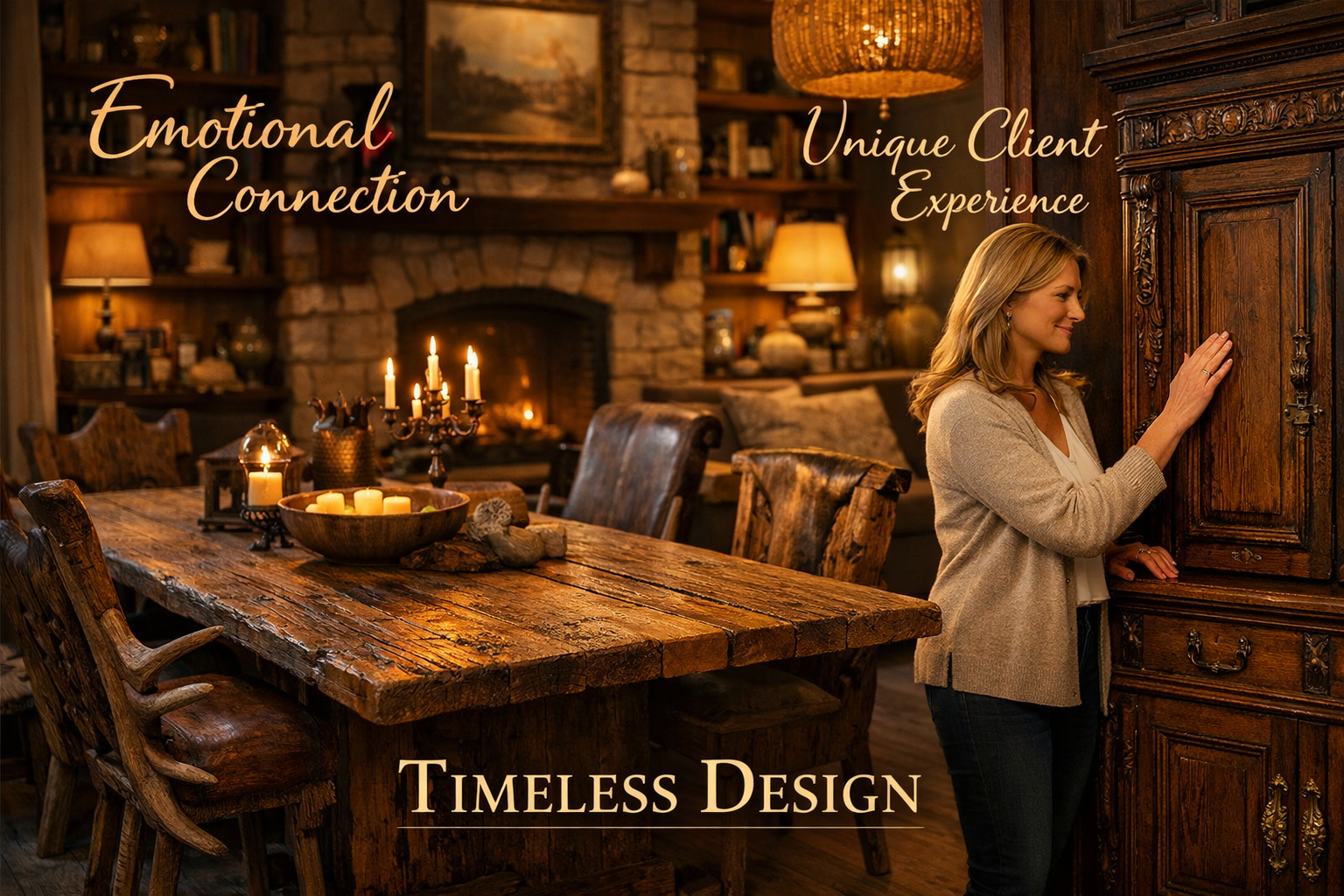 A polished landscape image (1536x1024) of a tastefully designed 'narrative interior' featuring multiple story-driven wooden pieces. The cent