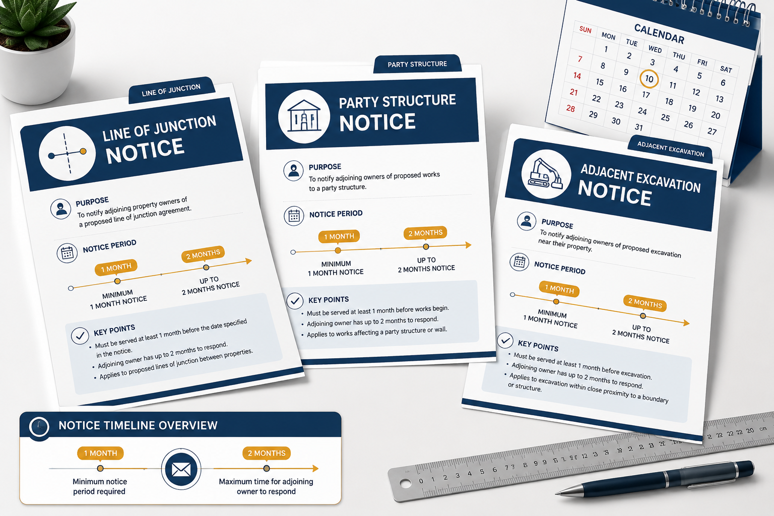 () infographic-style illustration showing three distinct notice documents fanned out on a clean desk: Line of Junction