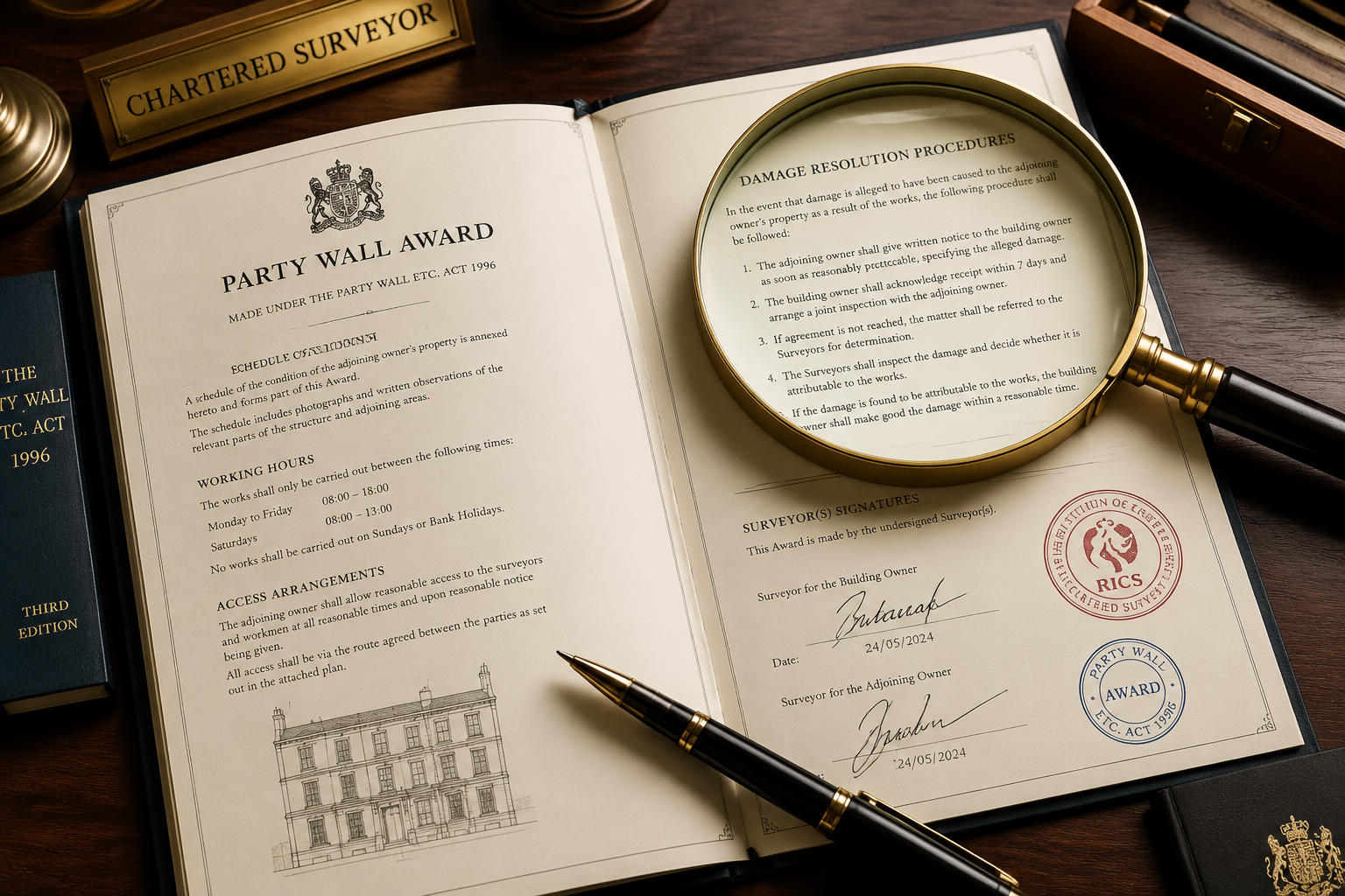 () close-up overhead shot of a formal Party Wall Award document spread open on a mahogany desk, showing sections for