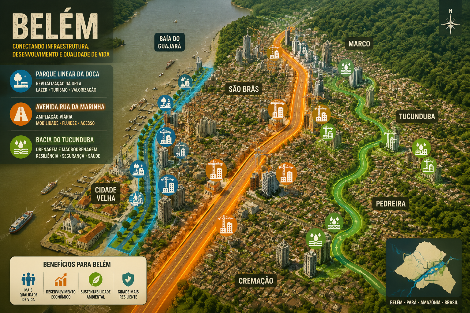 () editorial infographic-style illustration showing a bird's-eye map of Belém neighborhoods with color-coded infrastructure