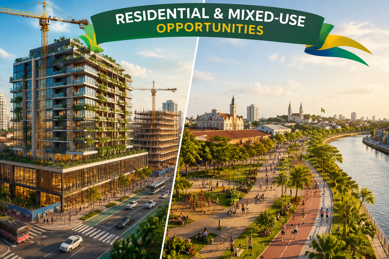 () split-scene editorial image: left side shows a modern mixed-use residential tower with ground-floor retail and rooftop