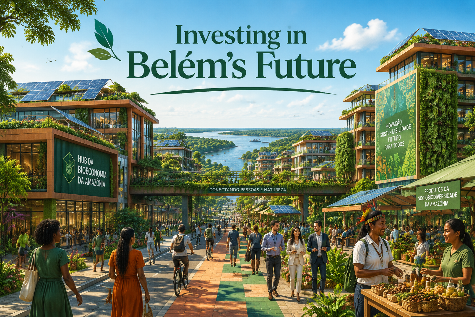 () forward-looking concept image showing a sustainable mixed-use development in Belém with solar panels on rooftops, green