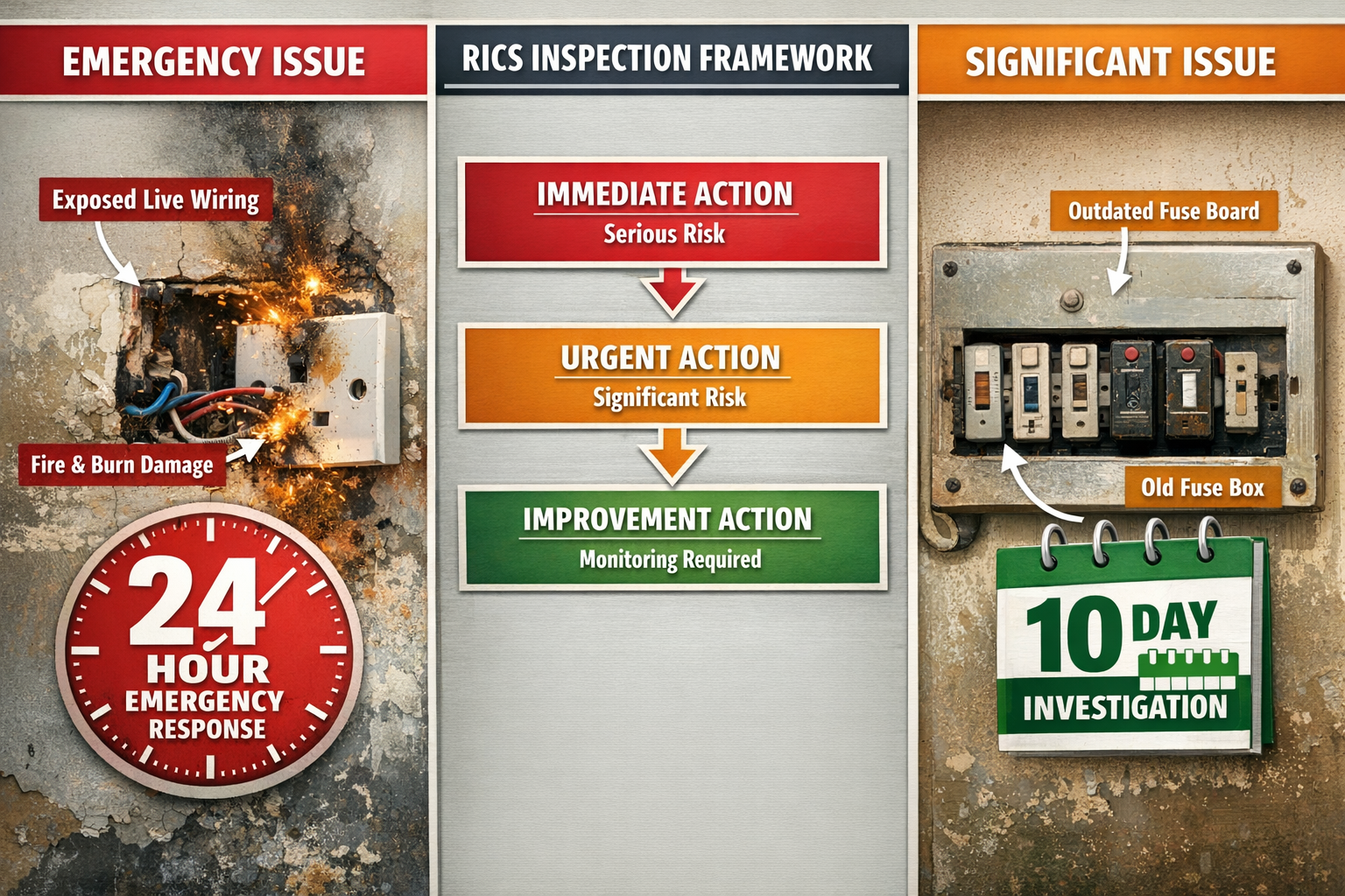 Detailed () image showing side-by-side comparison of emergency versus significant electrical hazards in rental properties.