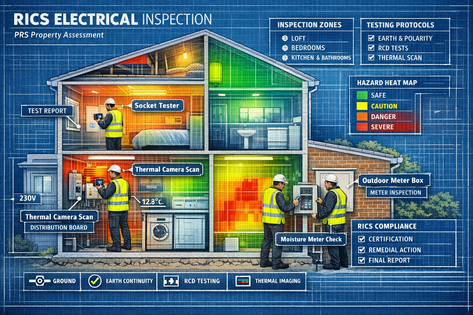 Detailed () technical illustration of comprehensive RICS electrical inspection methodology in cross-section view of