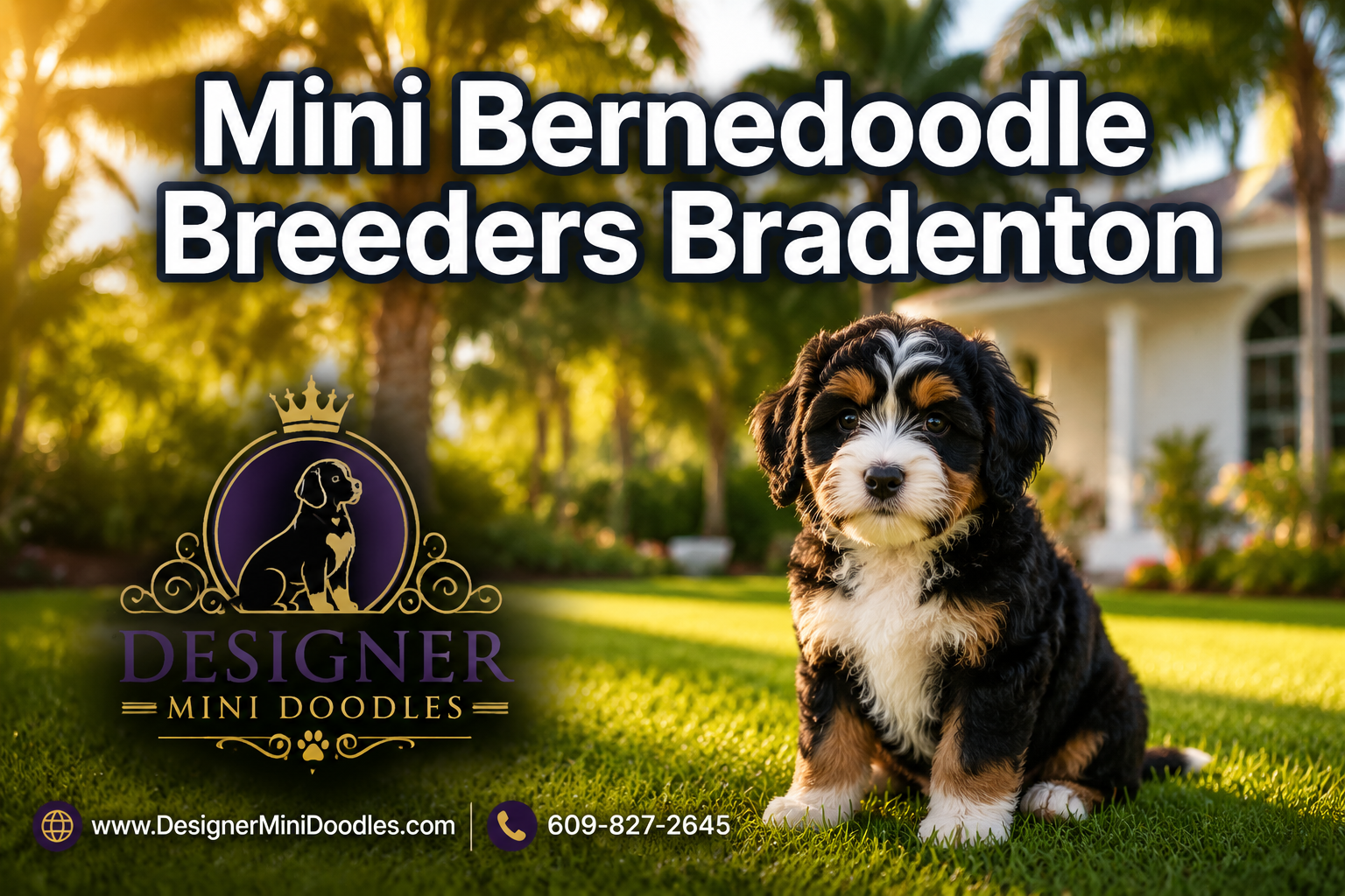Professional () hero image featuring 'Mini Bernedoodle Breeders Bradenton' in extra large white with deep navy drop ,