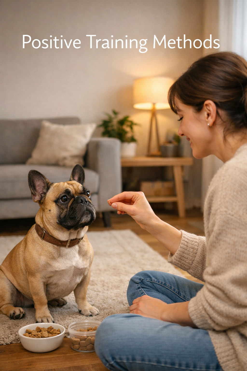 Portrait format (1024x1536) image showing French Bulldog owner using positive reinforcement training technique, offering treat to calm sitti