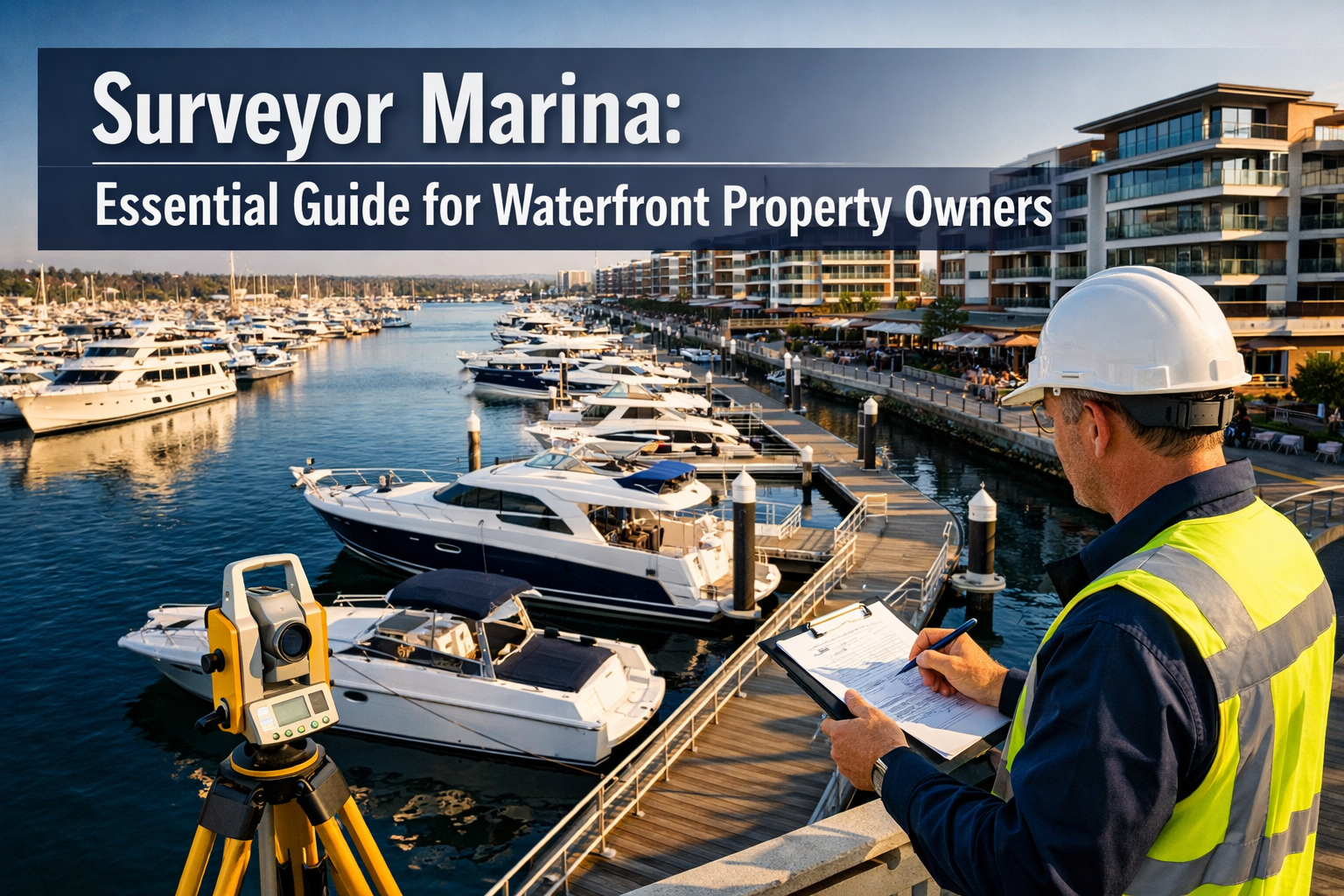 Professional landscape hero image (1536x1024) featuring bold text overlay 'Surveyor Marina: Essential Guide for Waterfront Property Owners' 