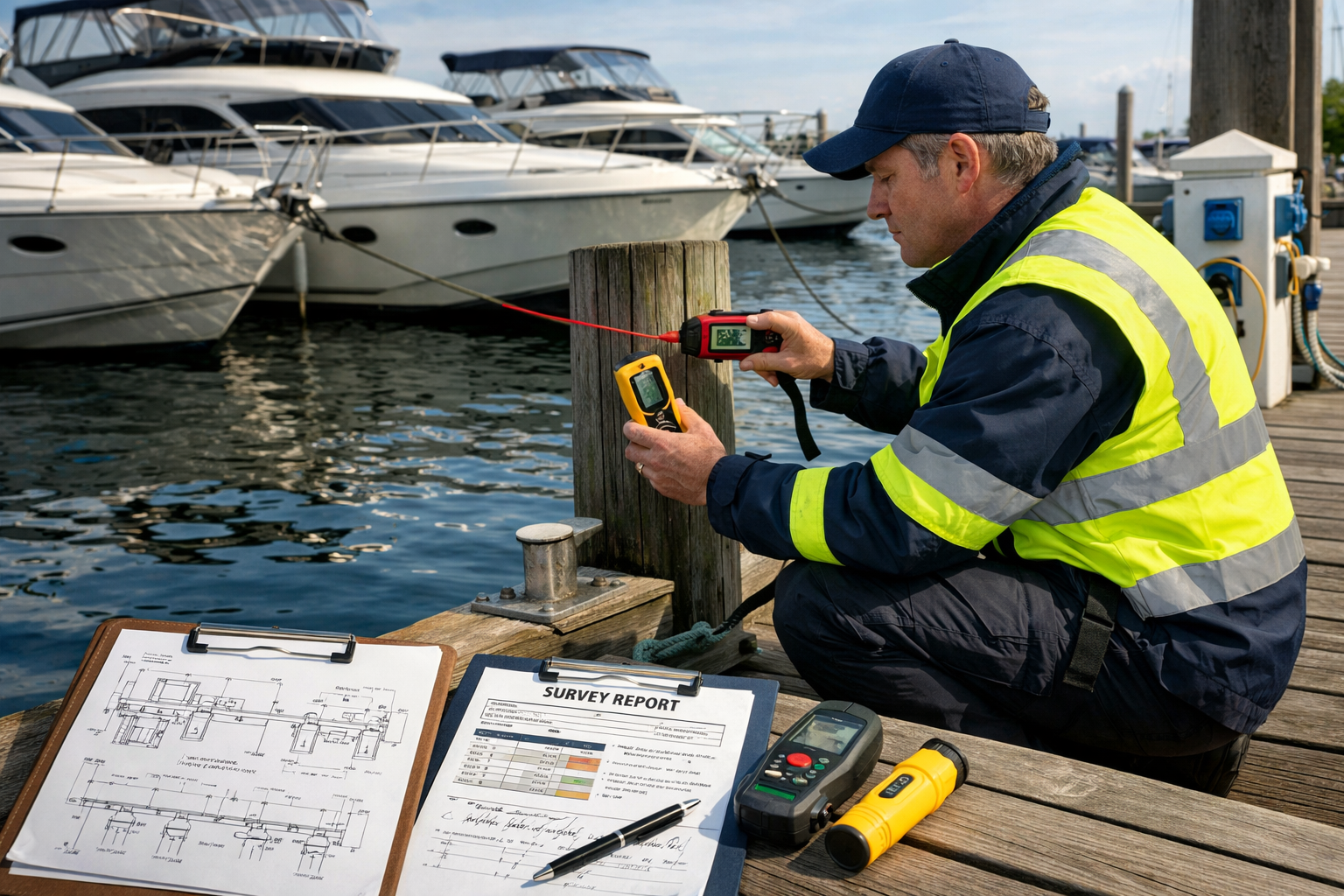Detailed landscape editorial image (1536x1024) showing professional marine surveyor in high-visibility vest conducting thorough inspection o