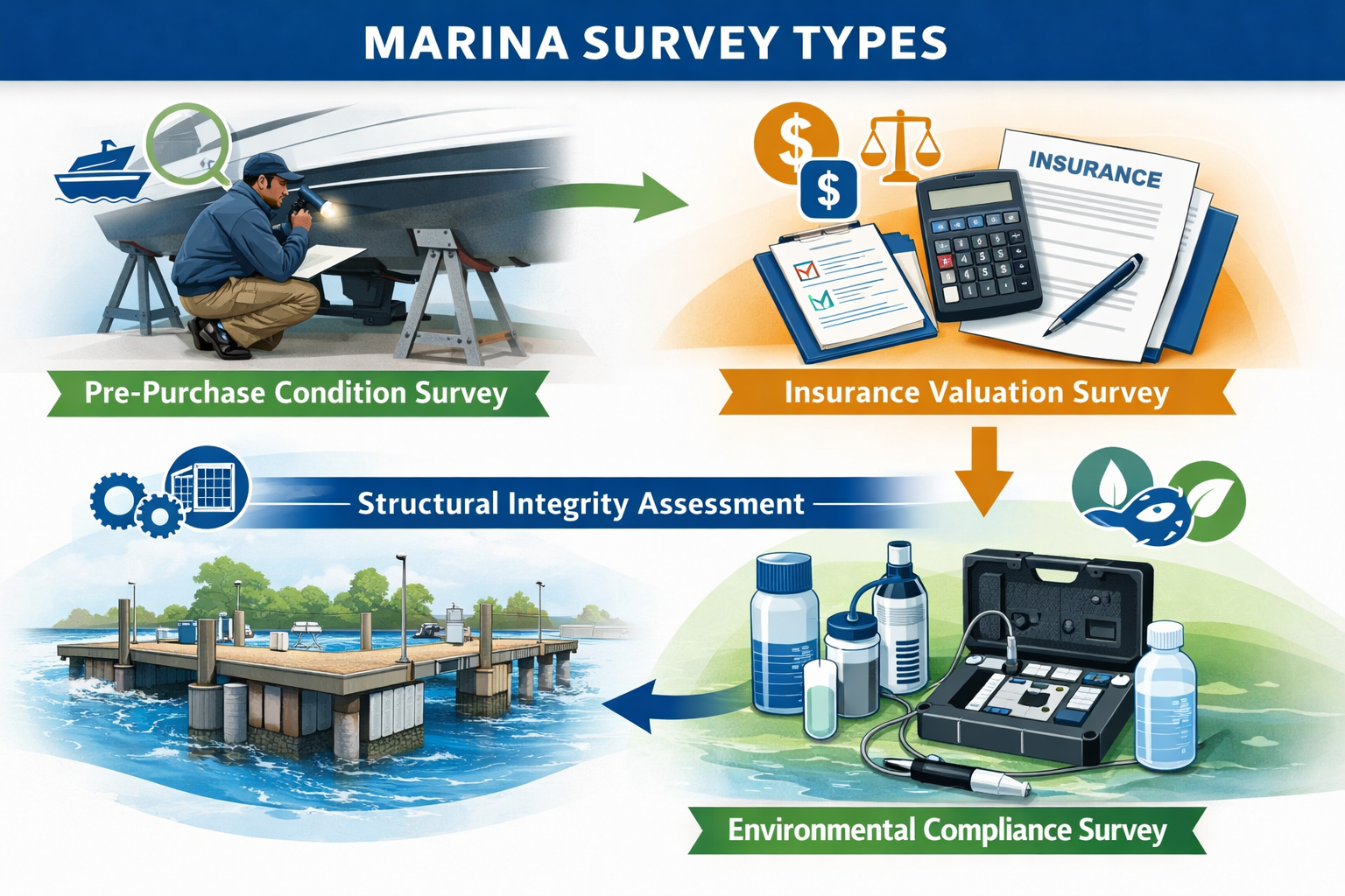 Comprehensive landscape infographic (1536x1024) illustrating marina survey types with four distinct sections: pre-purchase condition survey 