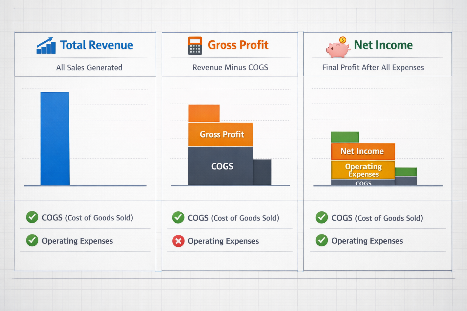 Professional landscape comparison table visualization (1536x1024) displaying three-column layout comparing Total Revenue vs Gross Profit vs 