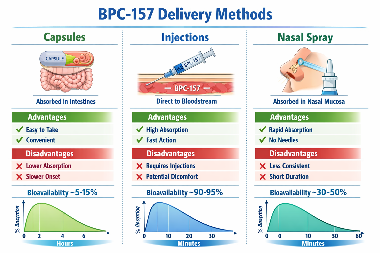 Comparative infographic showing different BPC-157 delivery methods - capsules, injections, nasal sprays - with visual advantages and disadva