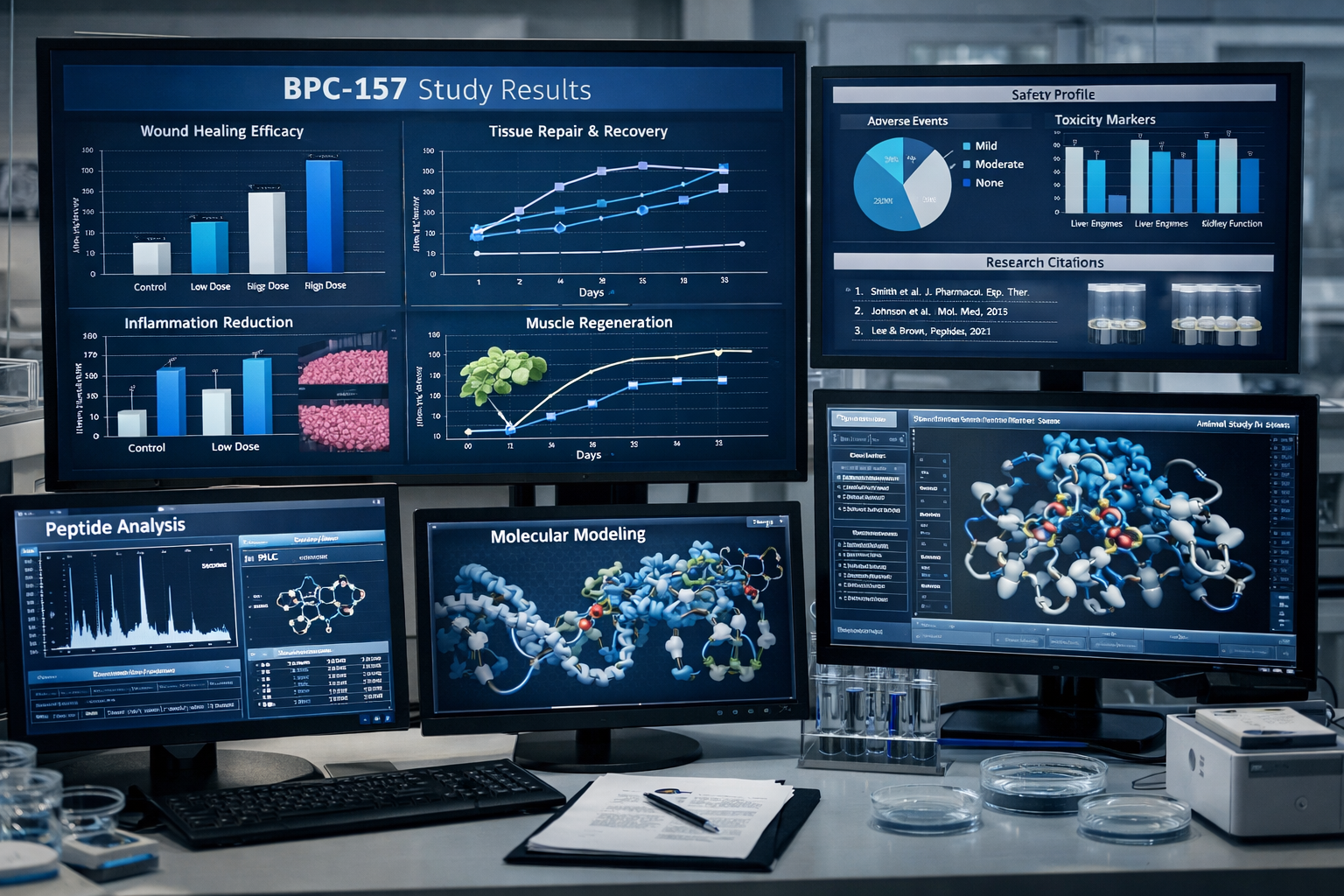 Research data visualization dashboard showing BPC-157 study results, scientific charts and graphs, efficacy data, safety profiles, peer-revi