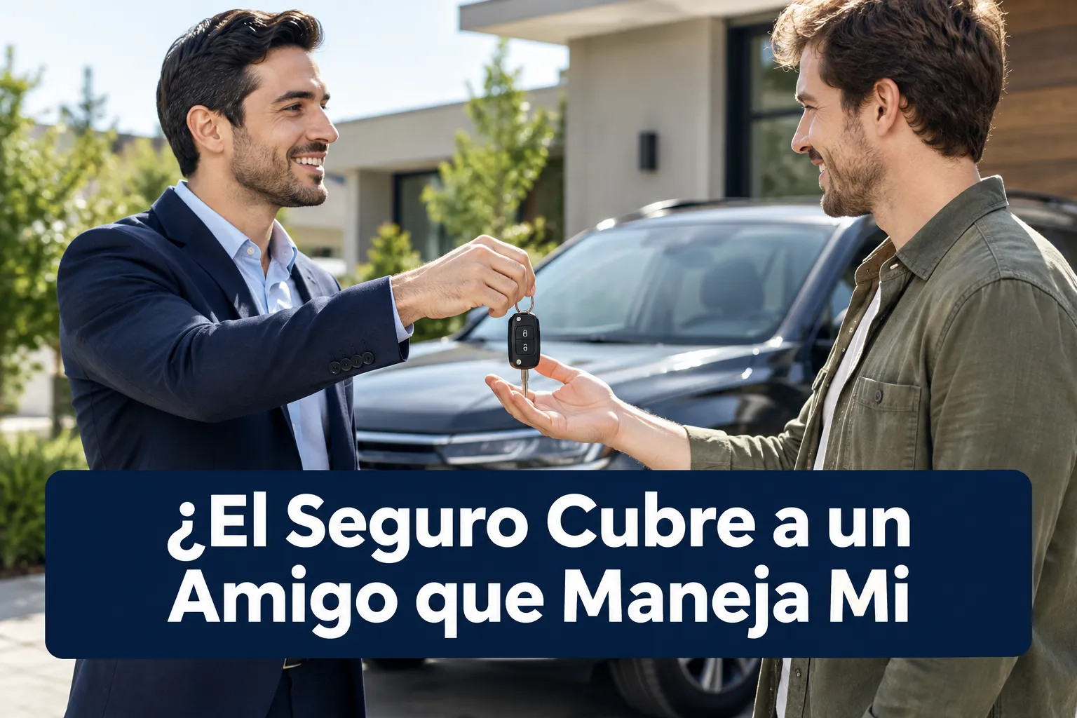 Click to regenerate this image Professional () hero image with SHORT (≤42 chars): '¿El Seguro Cubre a un Amigo que Maneja Mi', on a high-contrast dark navy