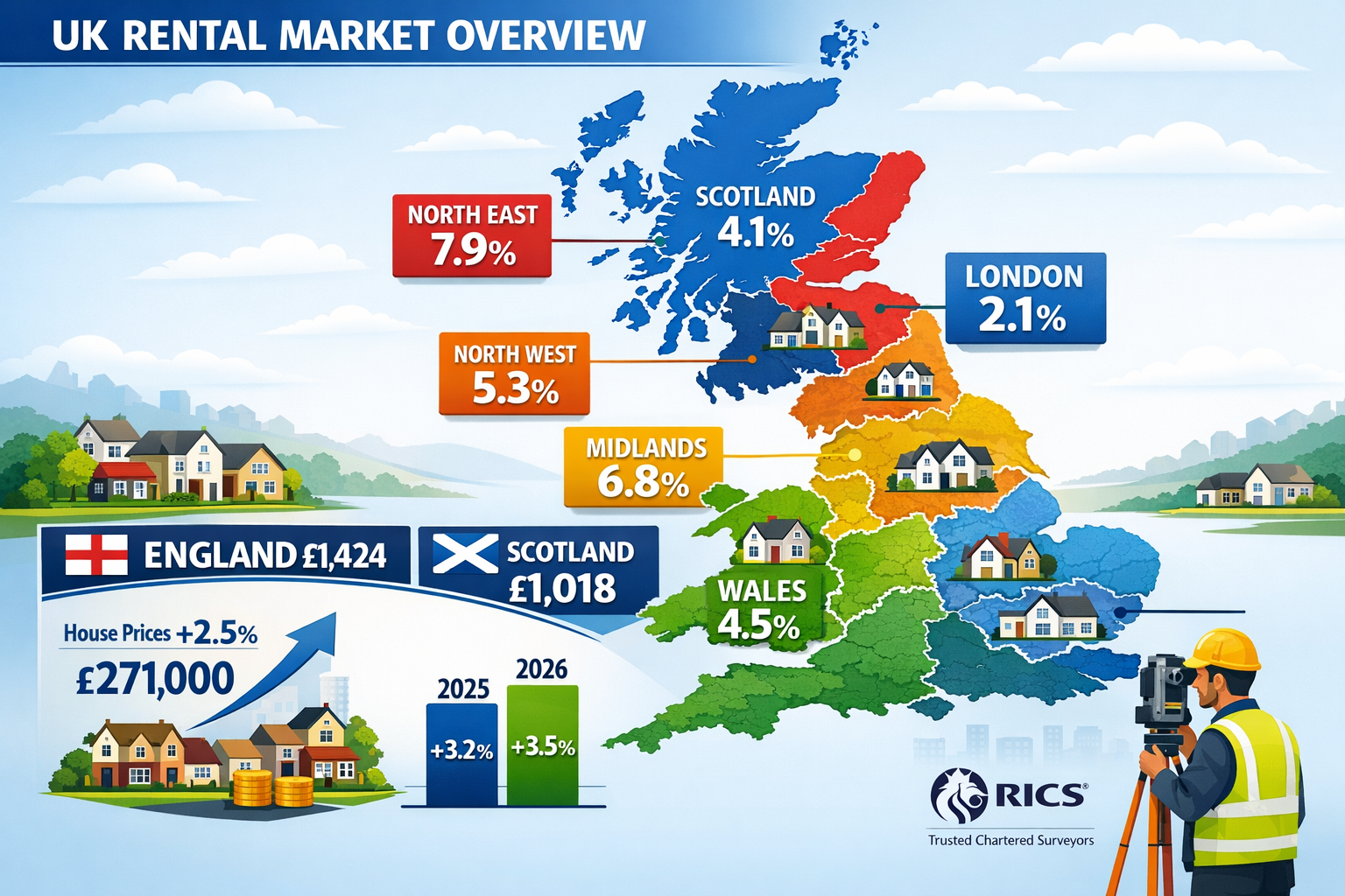 Detailed landscape format (1536x1024) image showing comprehensive UK rental market map with regional heat zones indicating varying rental in